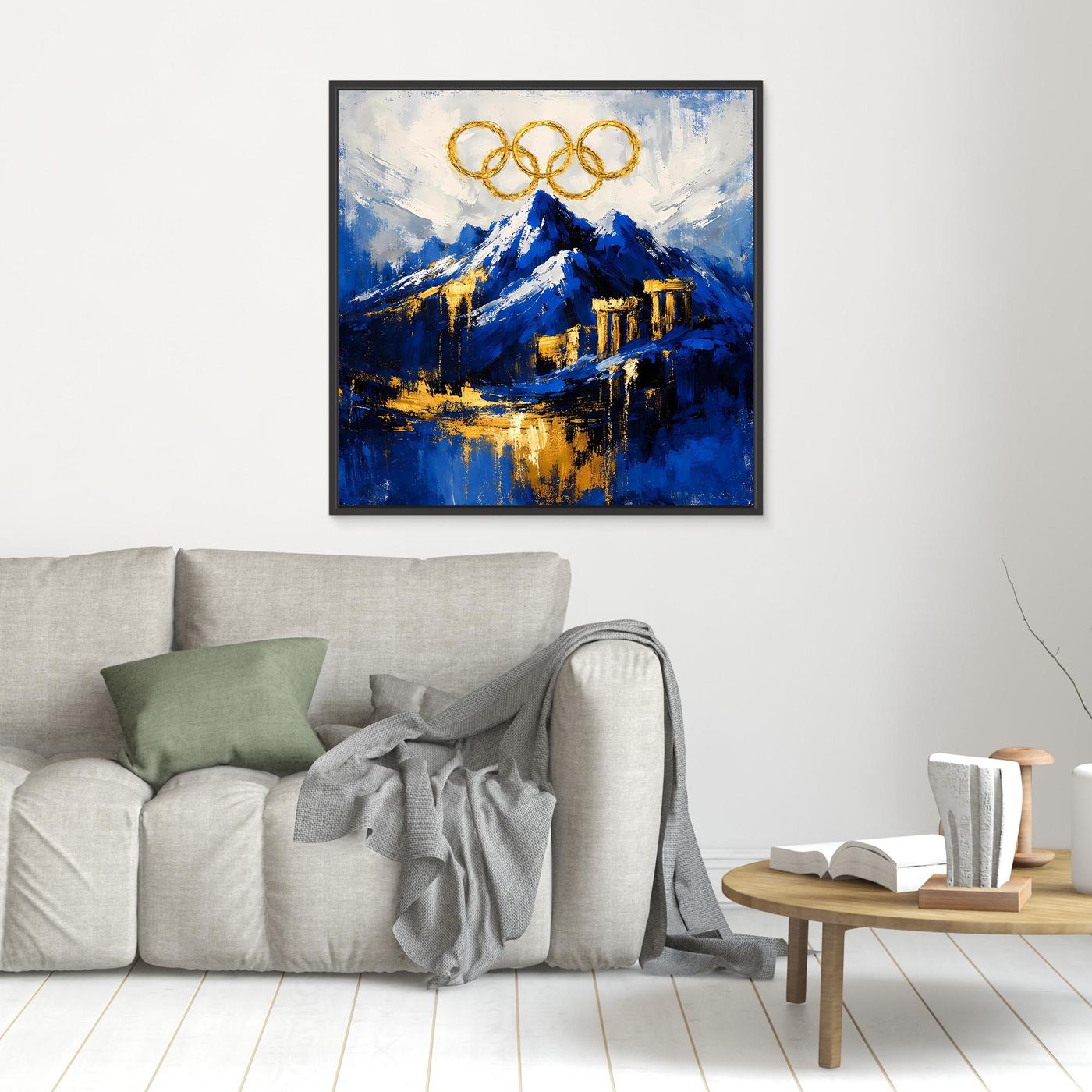 Leinwand Olympischer Geist am Mount Olympus | Abstraktes Berge Wandbild Gold Blau