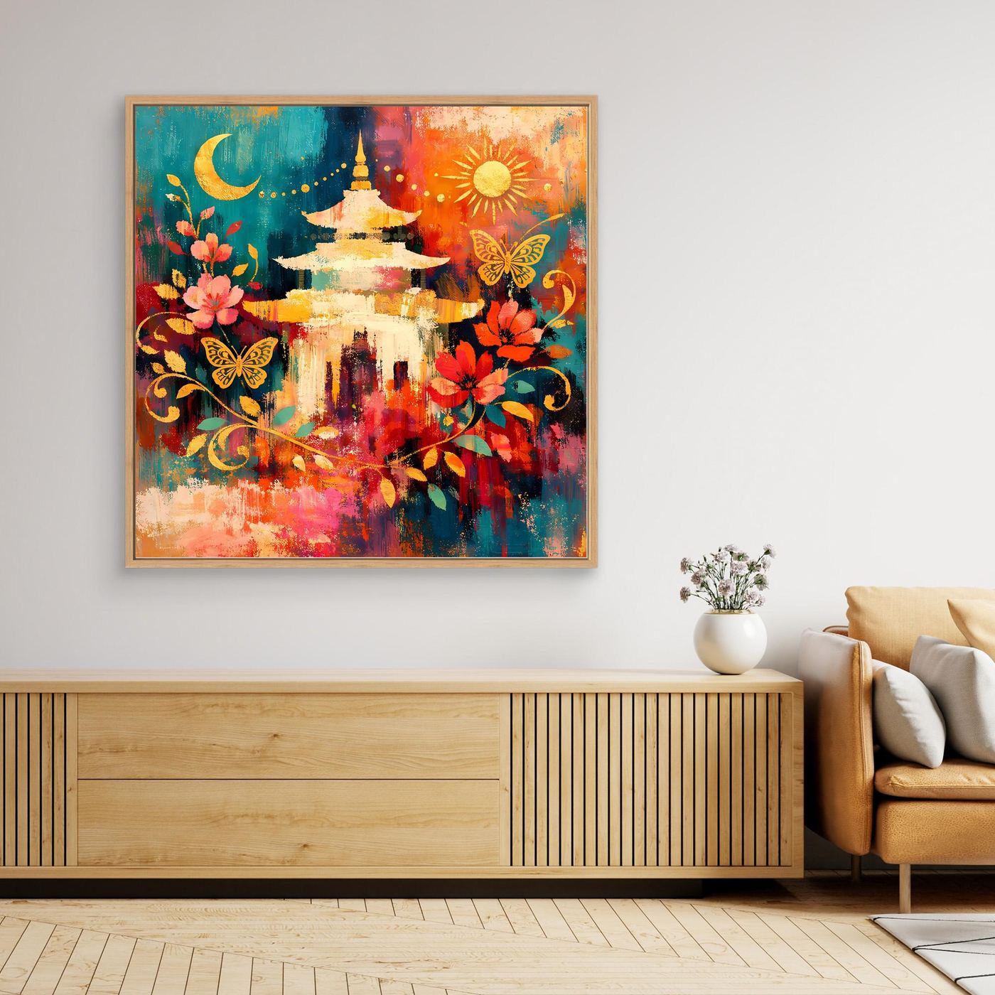 Gerahmtes Leinwandbild mit goldener Pagode, Mond und Blumenranken in satten Farben