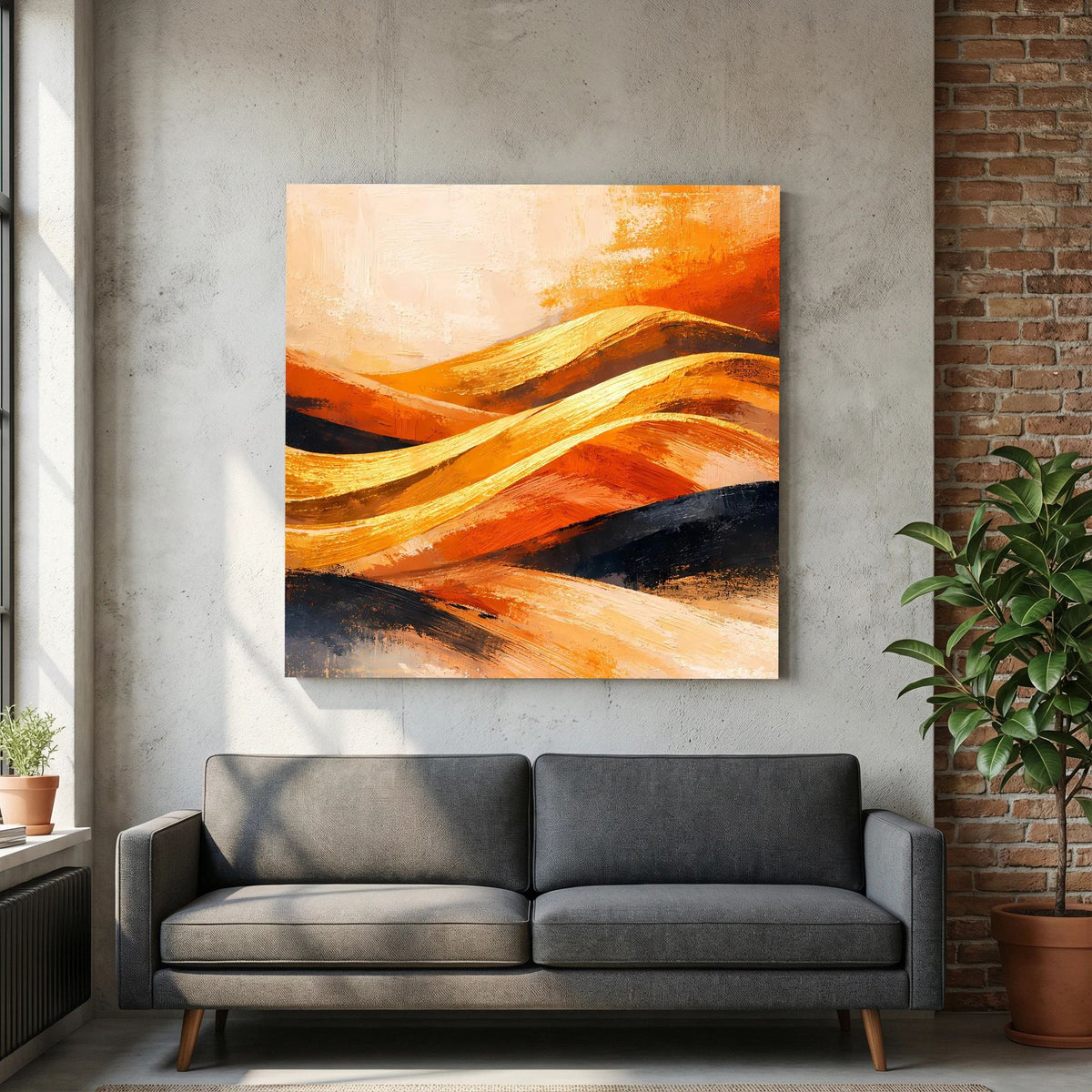 Abstraktes Wandbild mit orange-goldenen Wüstendünen, breiten Pinselstrichen und dunklem Kontrast