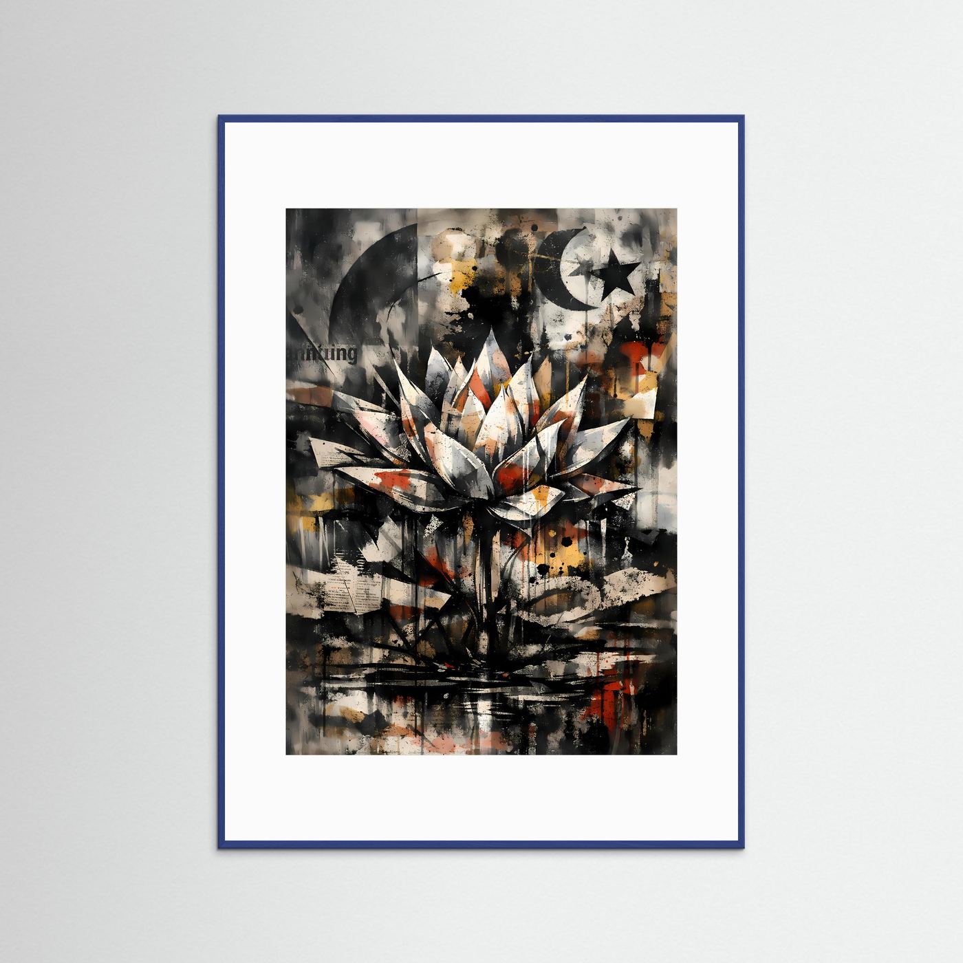 Abstraktes Lotus-Mondmotiv im Graphitstil mit Sonnenrad, im blauen Holzrahmen
