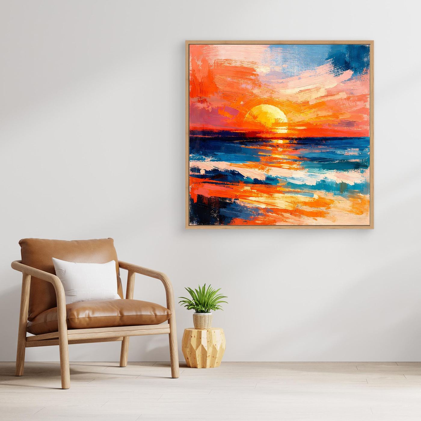 Wood-framed abstract ocean canvas with orange sunset and blue water reflections