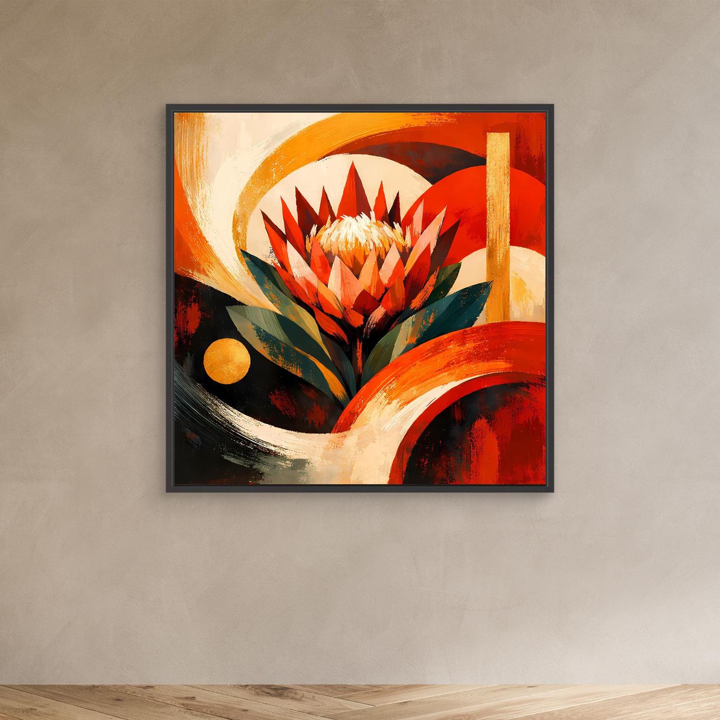 Leinwandbild mit abstrakter Protea im dunklen Rahmen, Rot, Orange, Gold