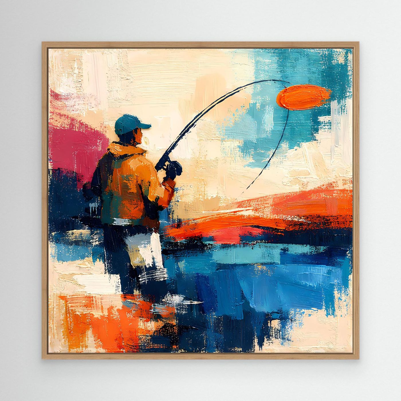 Framed abstract canvas wall art: angler casting a fishing line with orange float over blue water.