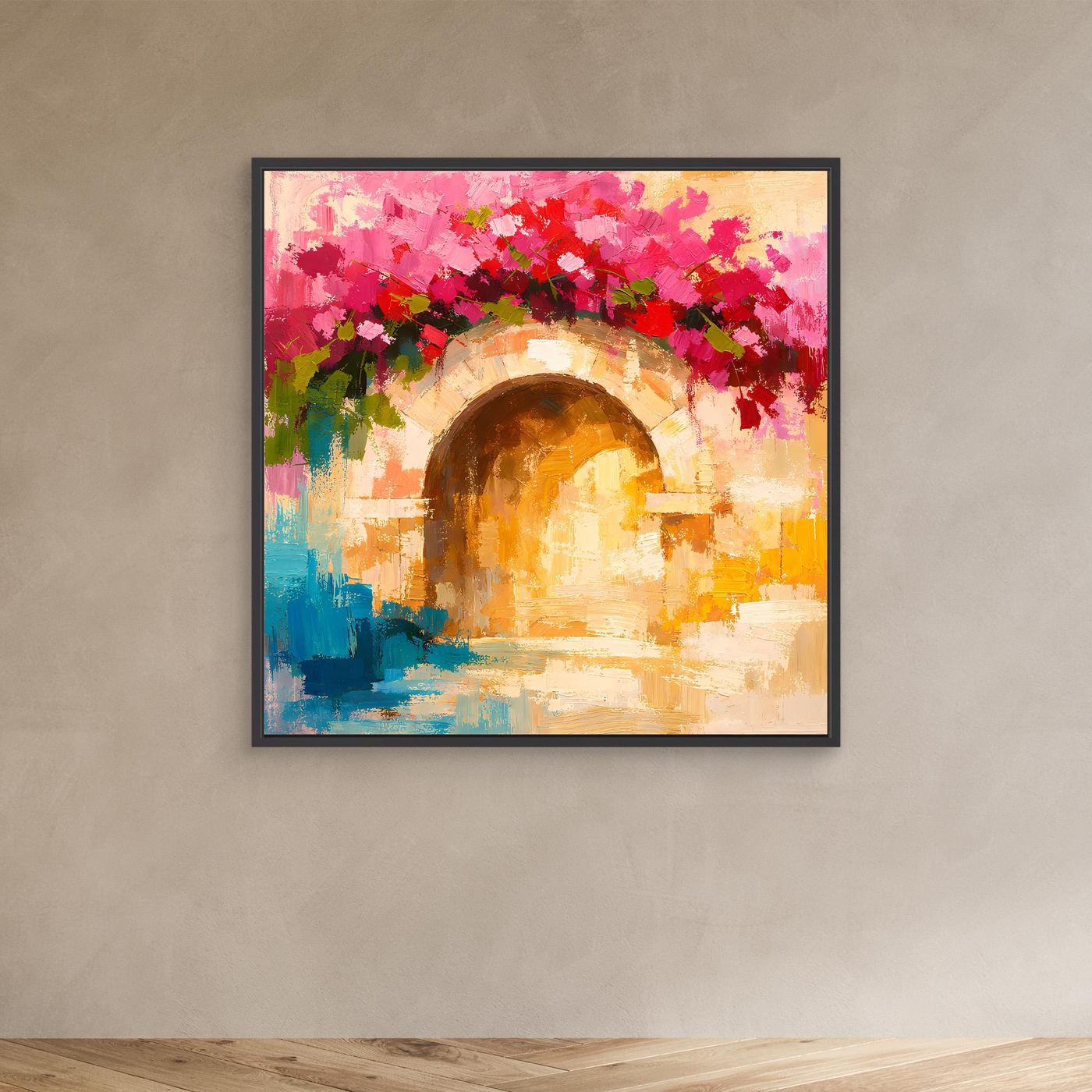 Leinwand Abstrakter Torbogen mit Bougainvillea | Modernes Mediterranes Wandbild Italien