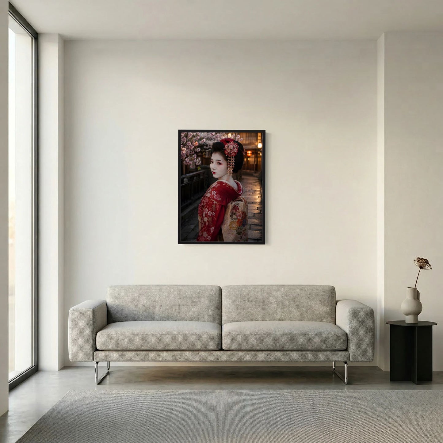 Poster an der Wand im Hochformat: Geisha im roten Kimono mit Kirschblüten, schwarzer Rahmen