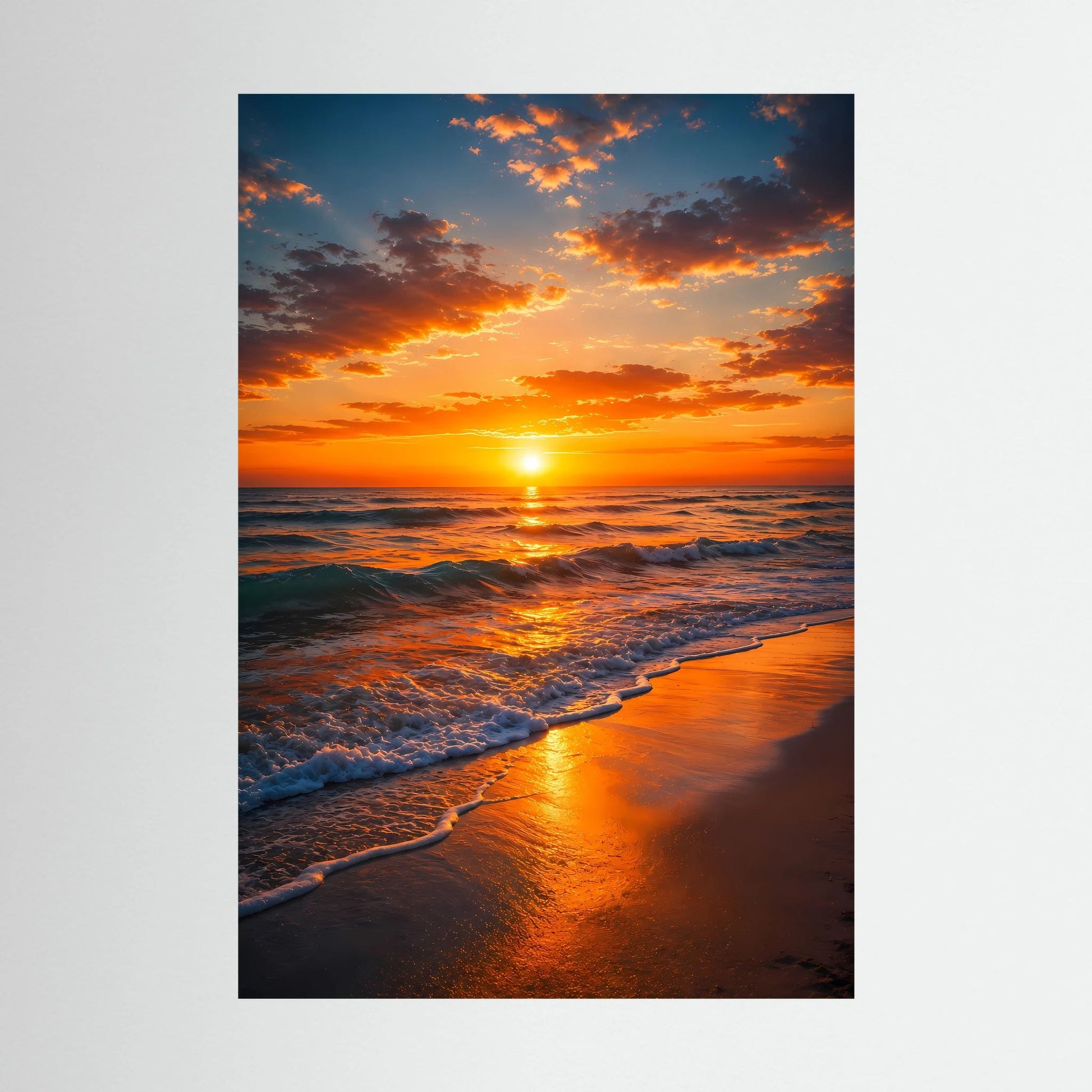 Hochformatiges Poster: Strand-Sonnenuntergang mit leuchtenden Wellen, ungerahmt