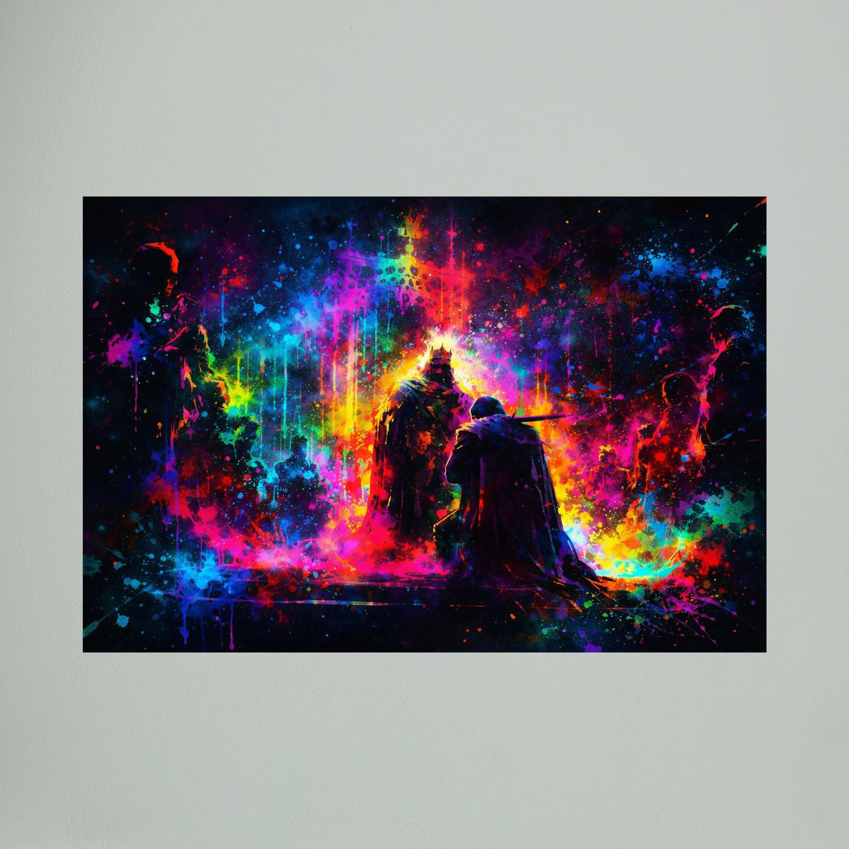 Wandbild mit schwarzem Rahmen, Königssilhouette in kräftigen Regenbogenfarben, Querformat