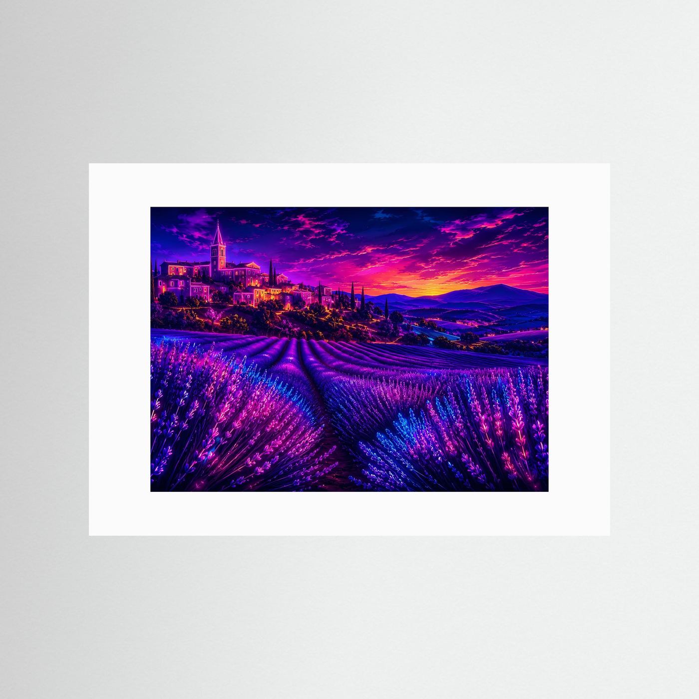 Lavendelfeld im Neon-Sonnenuntergang | Provence Landschaft in Lila & Pink