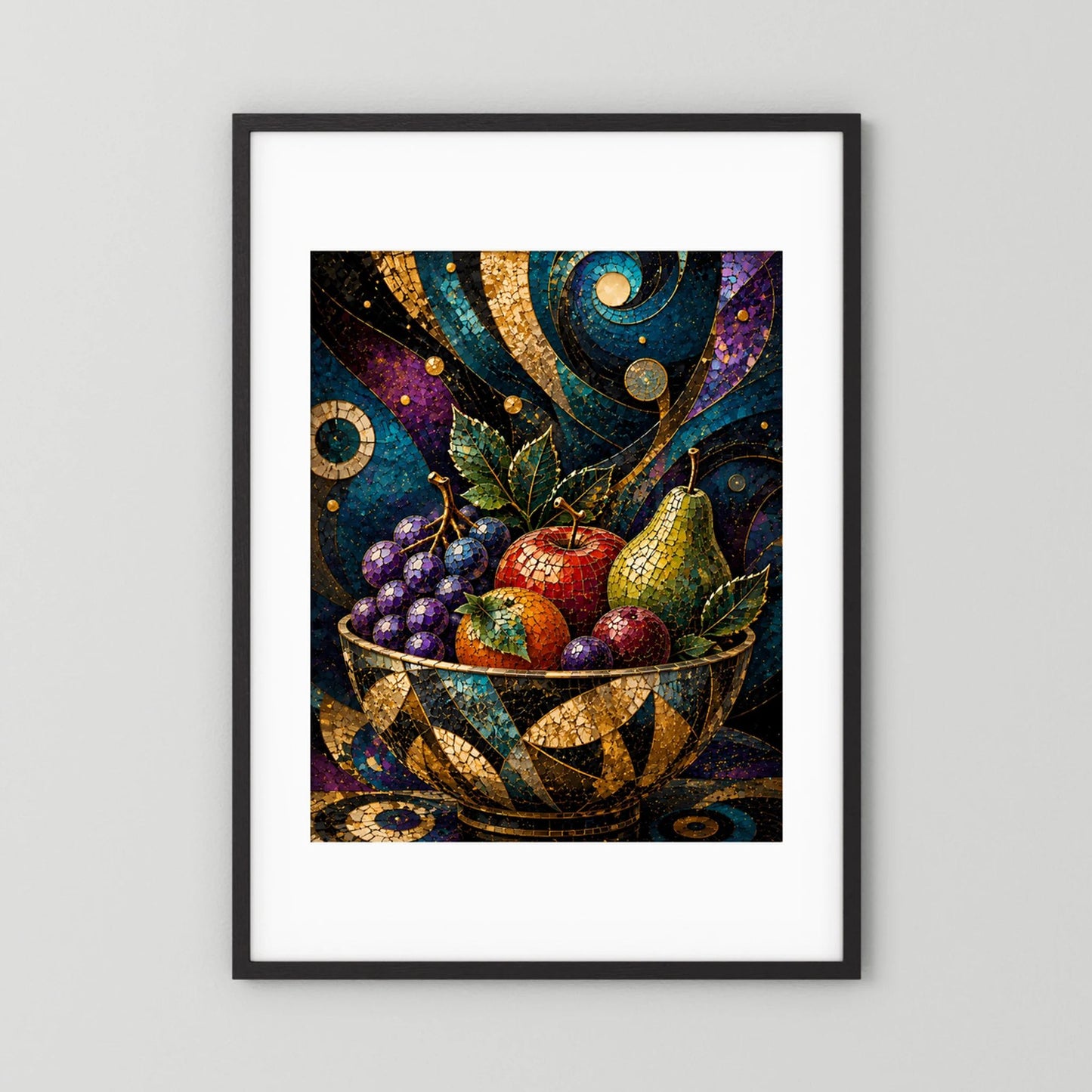 Gerahmtes Poster im Hochformat mit schwarzem Rahmen: Mosaik-Obstschale und goldene Ornamente