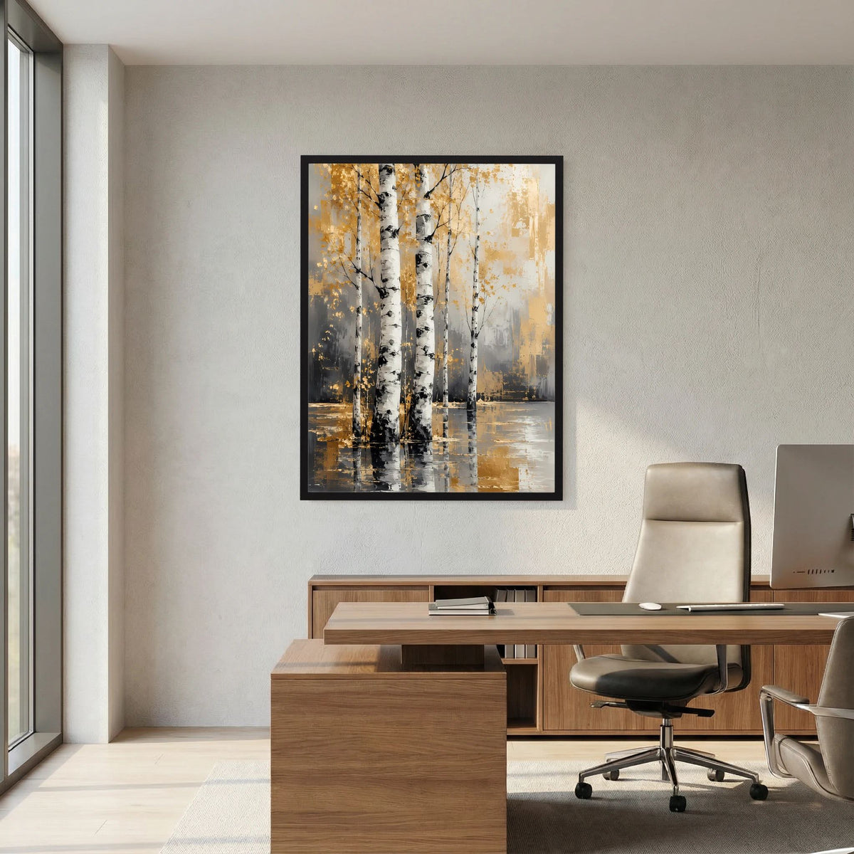 Gerahmtes Wandbild mit abstrakten Birken in Weiß und Gold, spiegelnde Wasseroberfläche