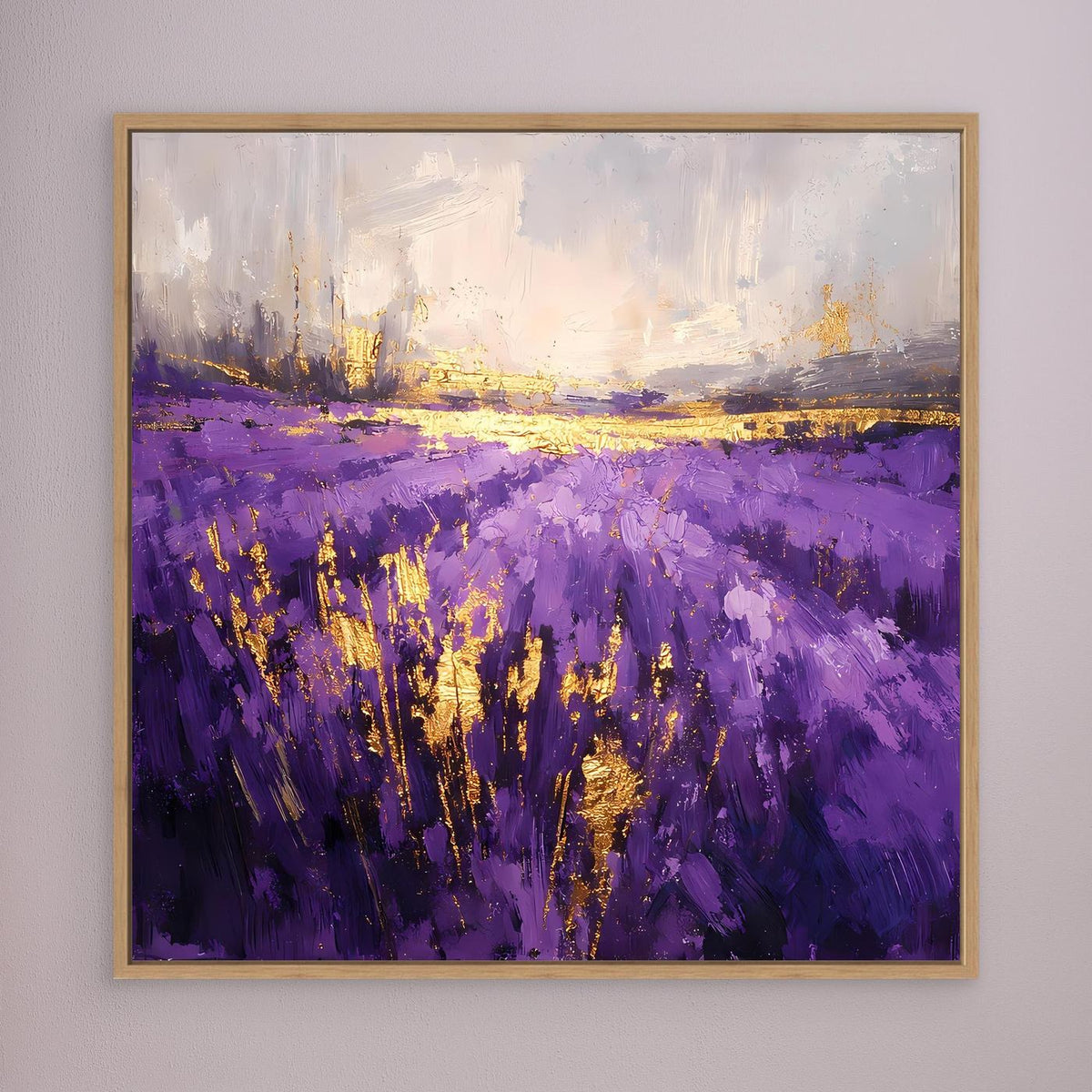 Leinwandbild Lavendelfeld abstrakt in Violett mit goldenen Akzenten, Eichenrahmen, quer