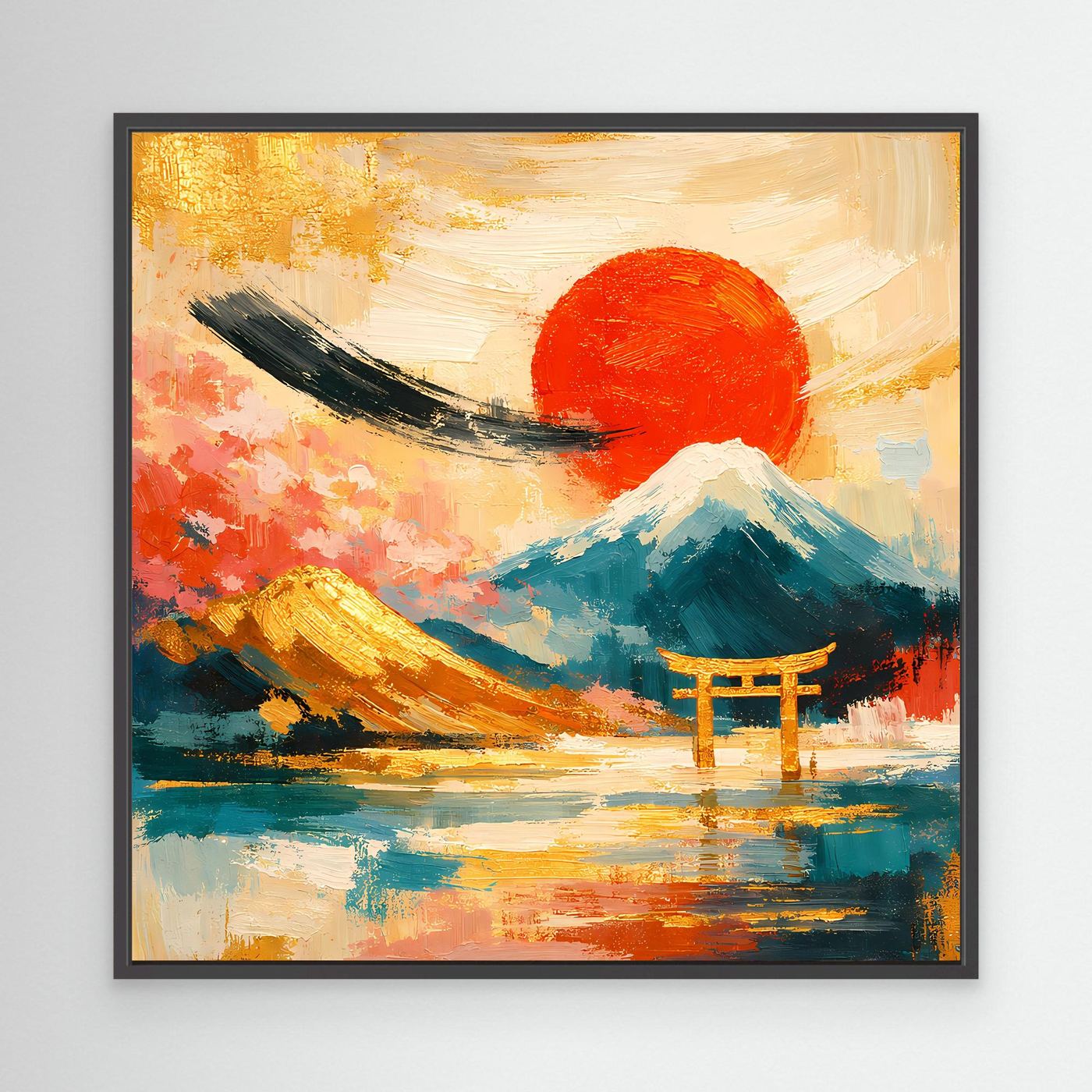 Leinwandbild mit Torii-Tor und Fuji, schwarz gerahmt, rote Sonne über Landschaft