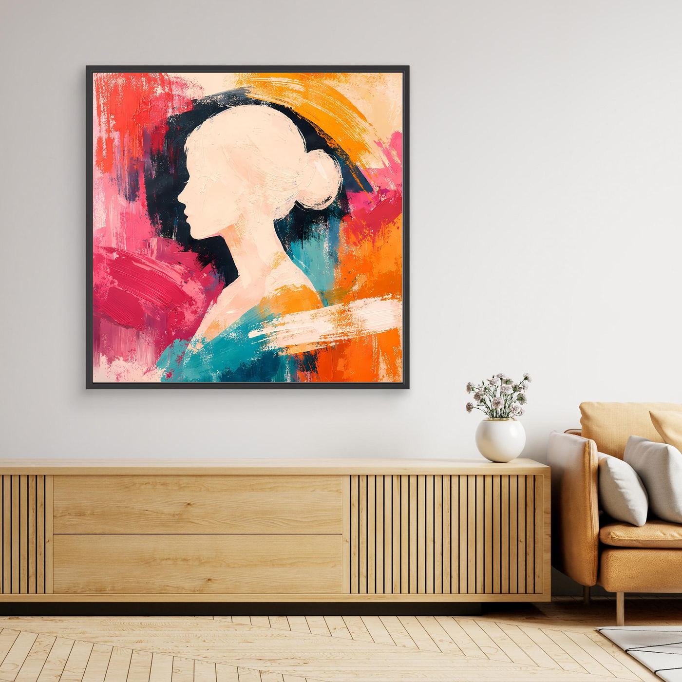 Black-framed abstract female portrait silhouette canvas with colorful paint strokes