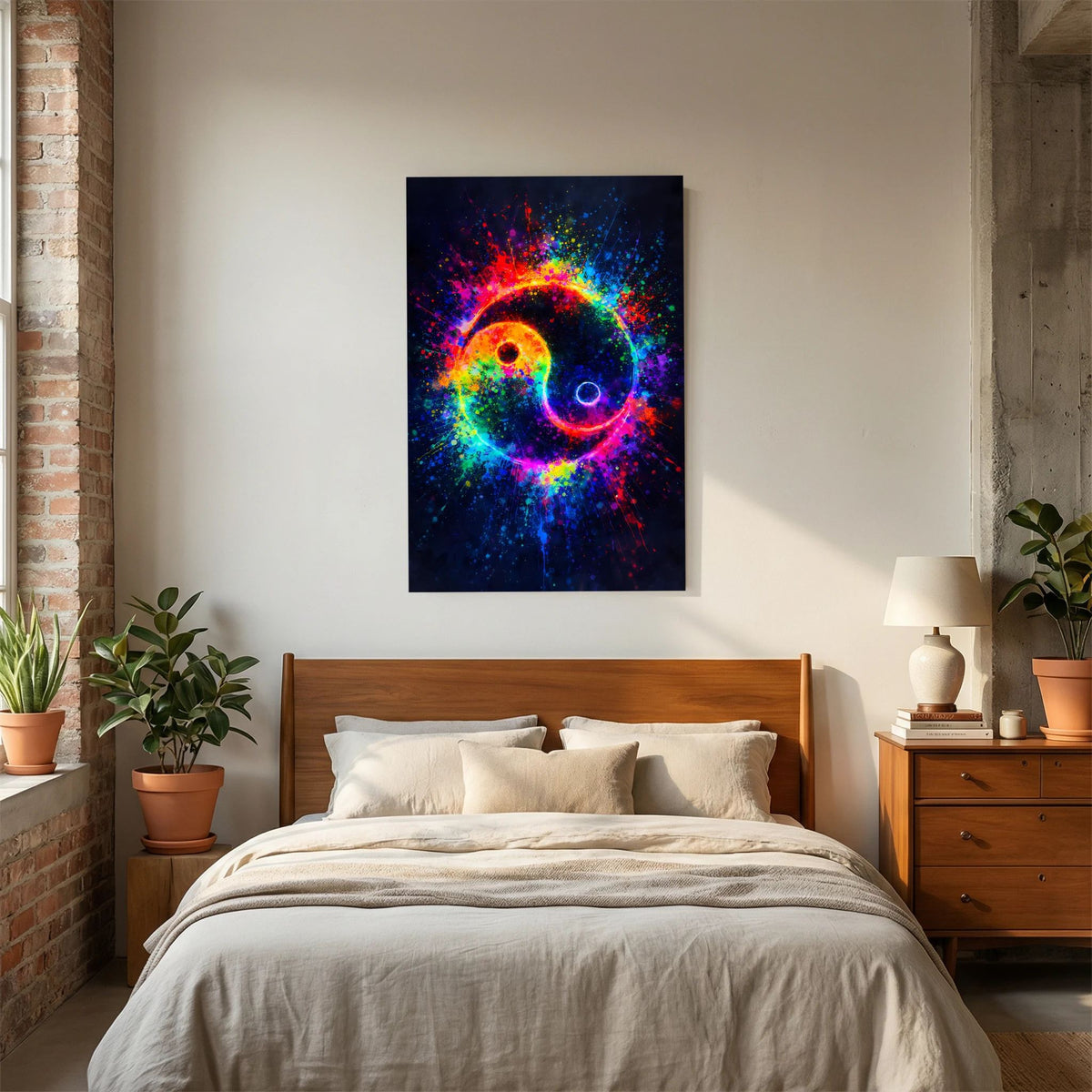 Yin-Yang-Hochformatposter mit kräftigen Regenbogenfarben und farbiger Sprühnebel-Textur