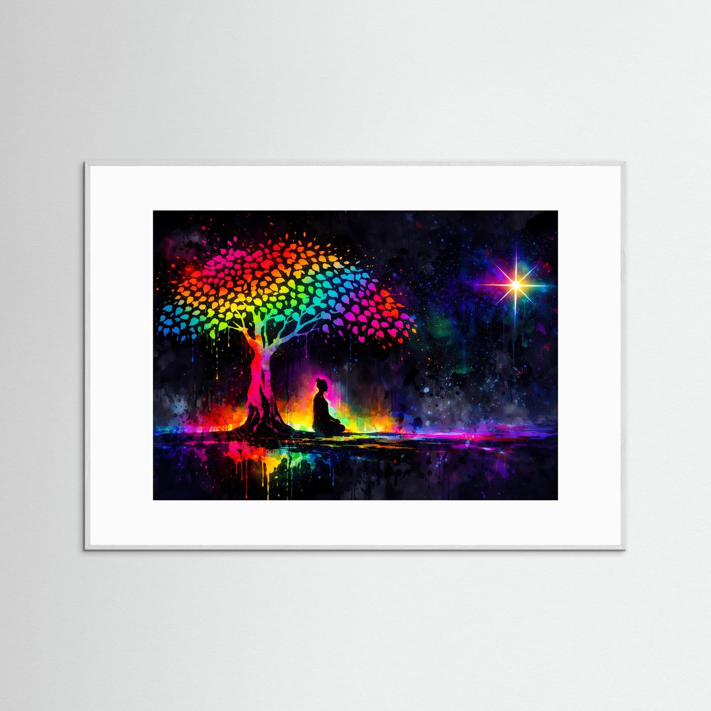 Poster: Regenbogenbaum & meditierende Silhouette, farbiges Leuchtbild, weißer Rahmen