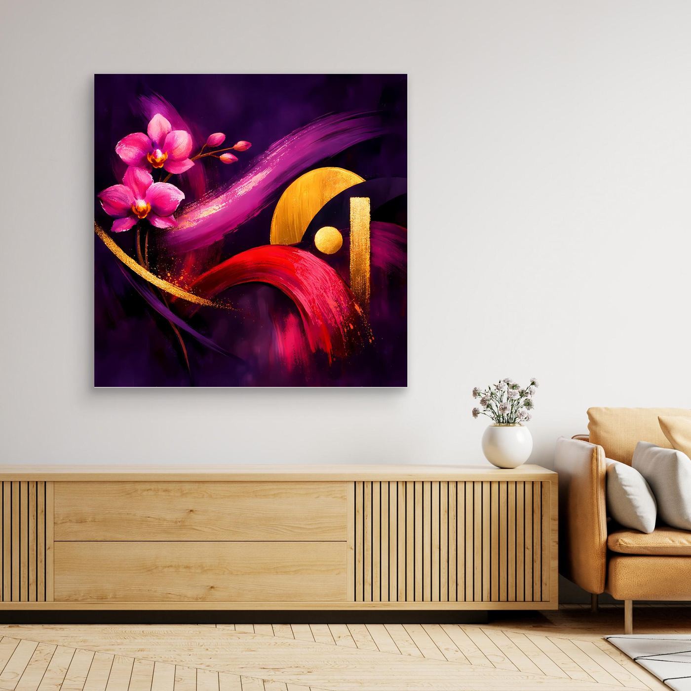 Leinwandbild im Detail: Orchideenblüten in Pink, rote Schwünge und goldene Akzente, schwarzer Rahmen