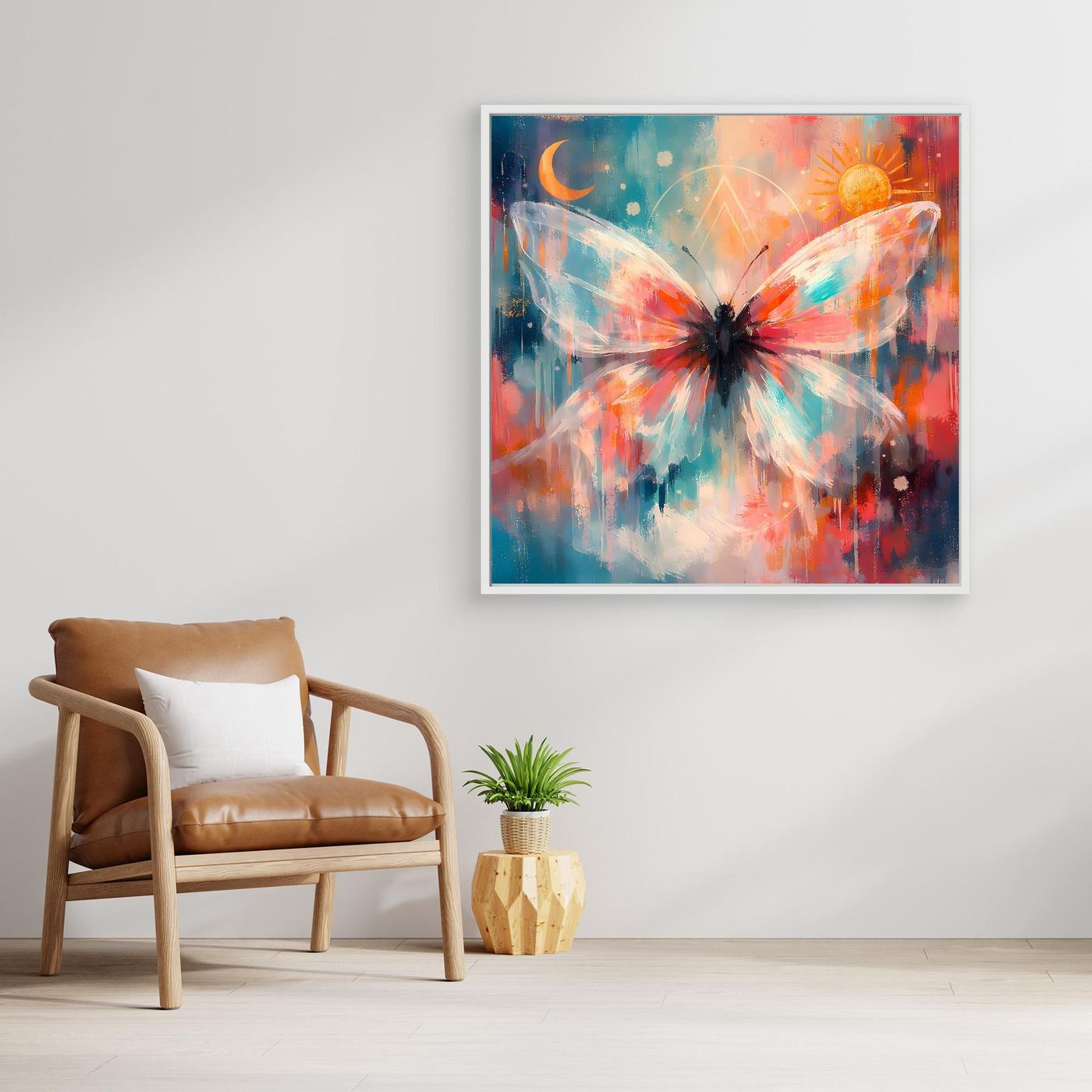 Leinwand-Wandbild mit kosmischem Schmetterling, Sonne und Mond, mit weißem Rahmen