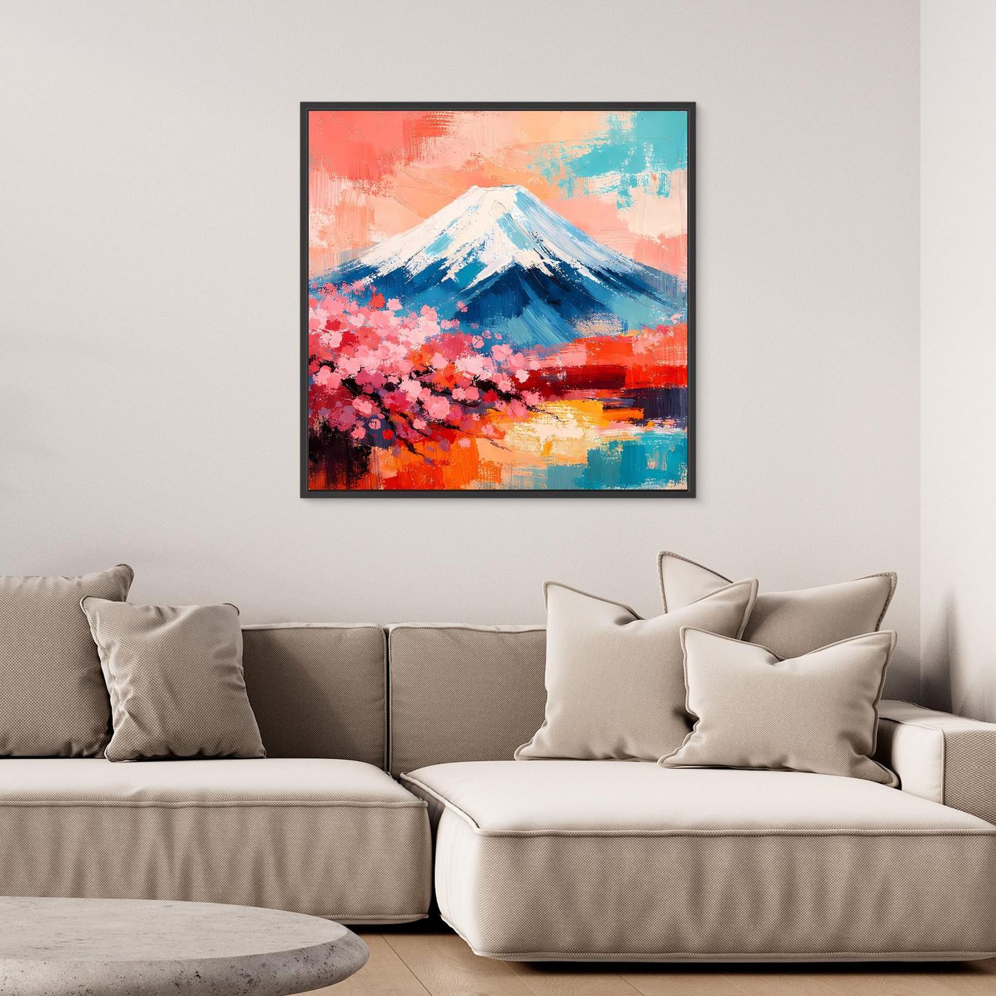 Gerahmtes Leinwand-Wandbild: abstrakter Fuji mit weißen Schneelinien, rosa Blüten und leuchtenden Farben.