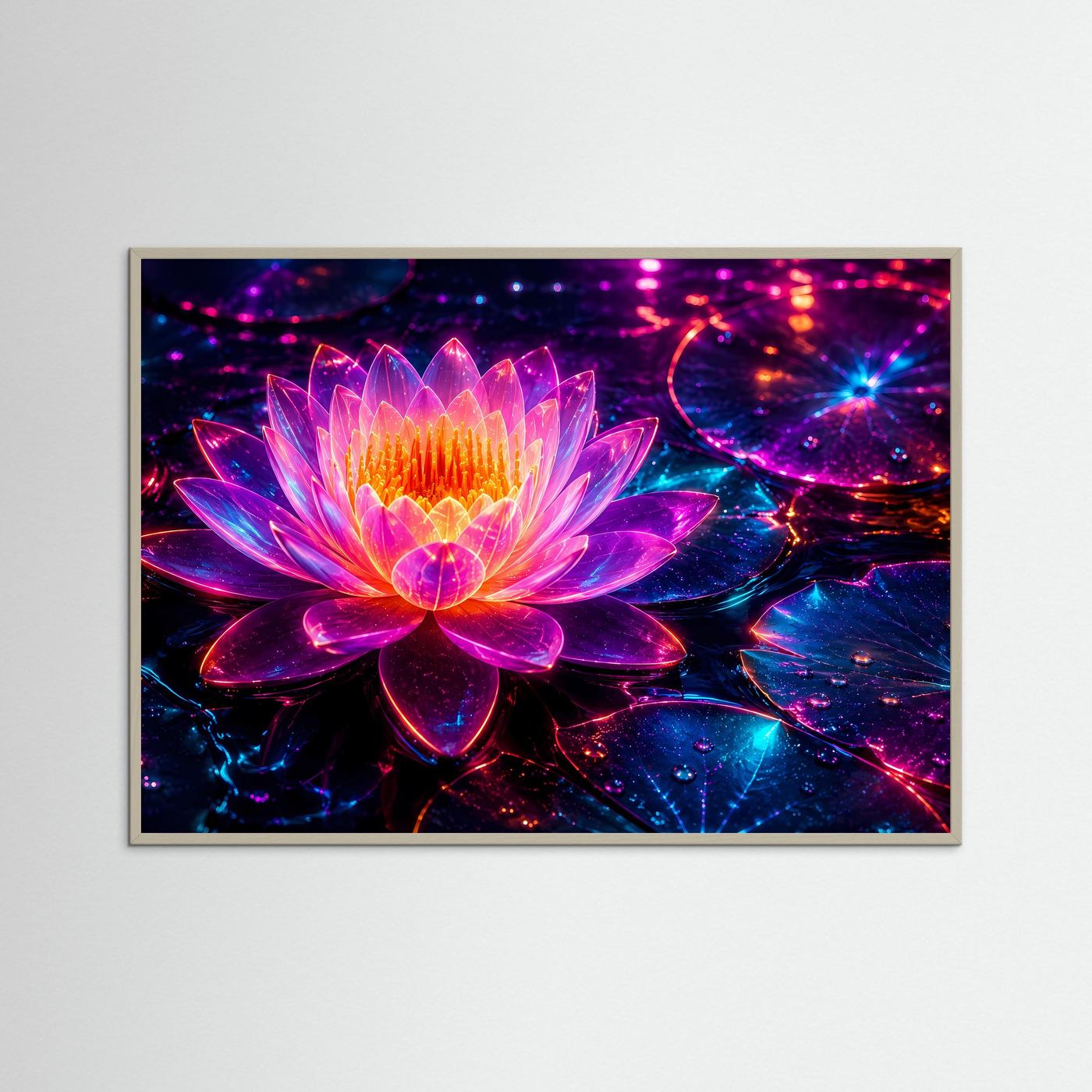 Neon Lotus Poster | Leuchtende Lotusblüte Wandbild | Futuristische Wasserlilie | Pink Blau Fantasy Kunst | Moderne Wall Art