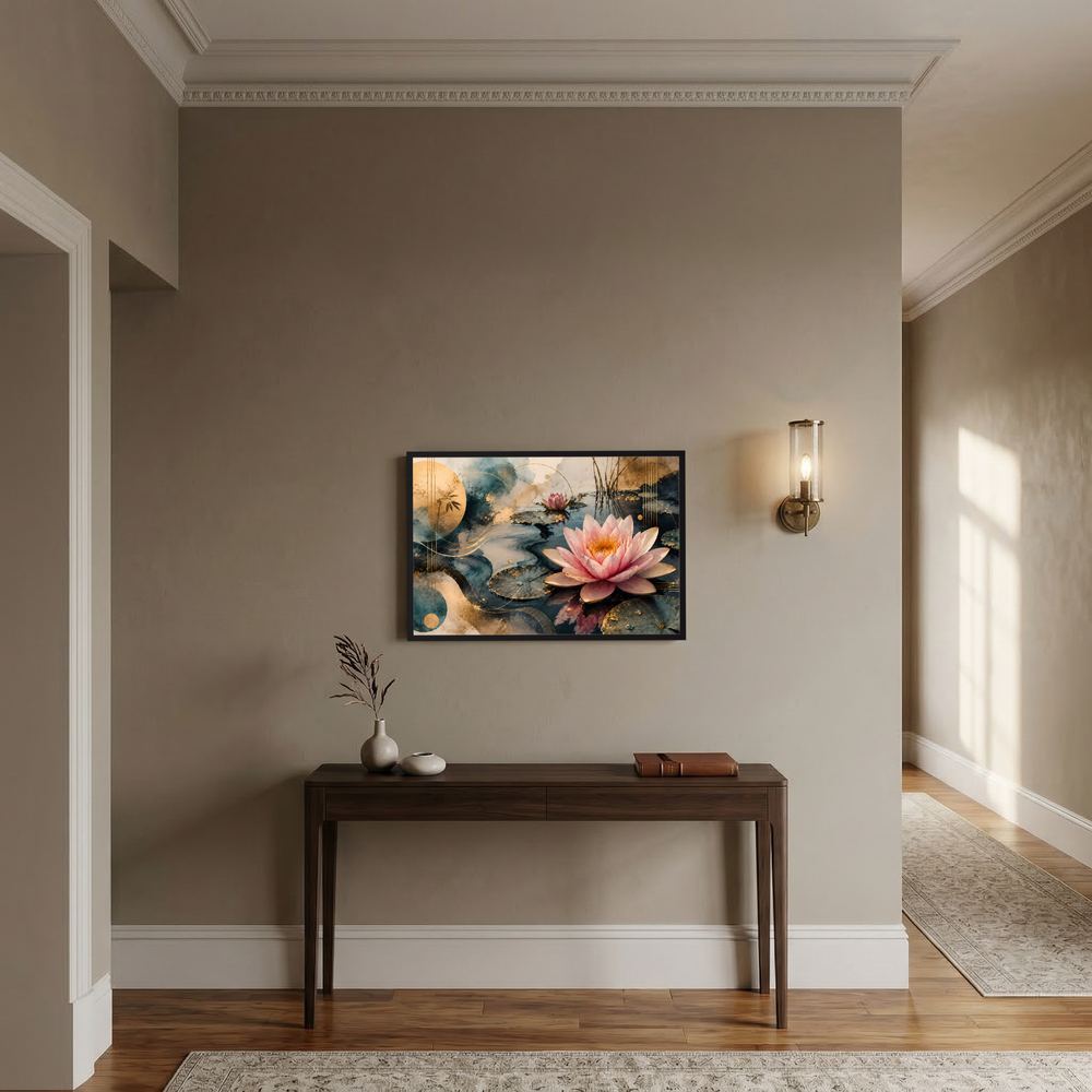 Querformatiges Kunstposter mit rosa Seerose auf dunklem, blauem Wasser, goldenen Akzenten