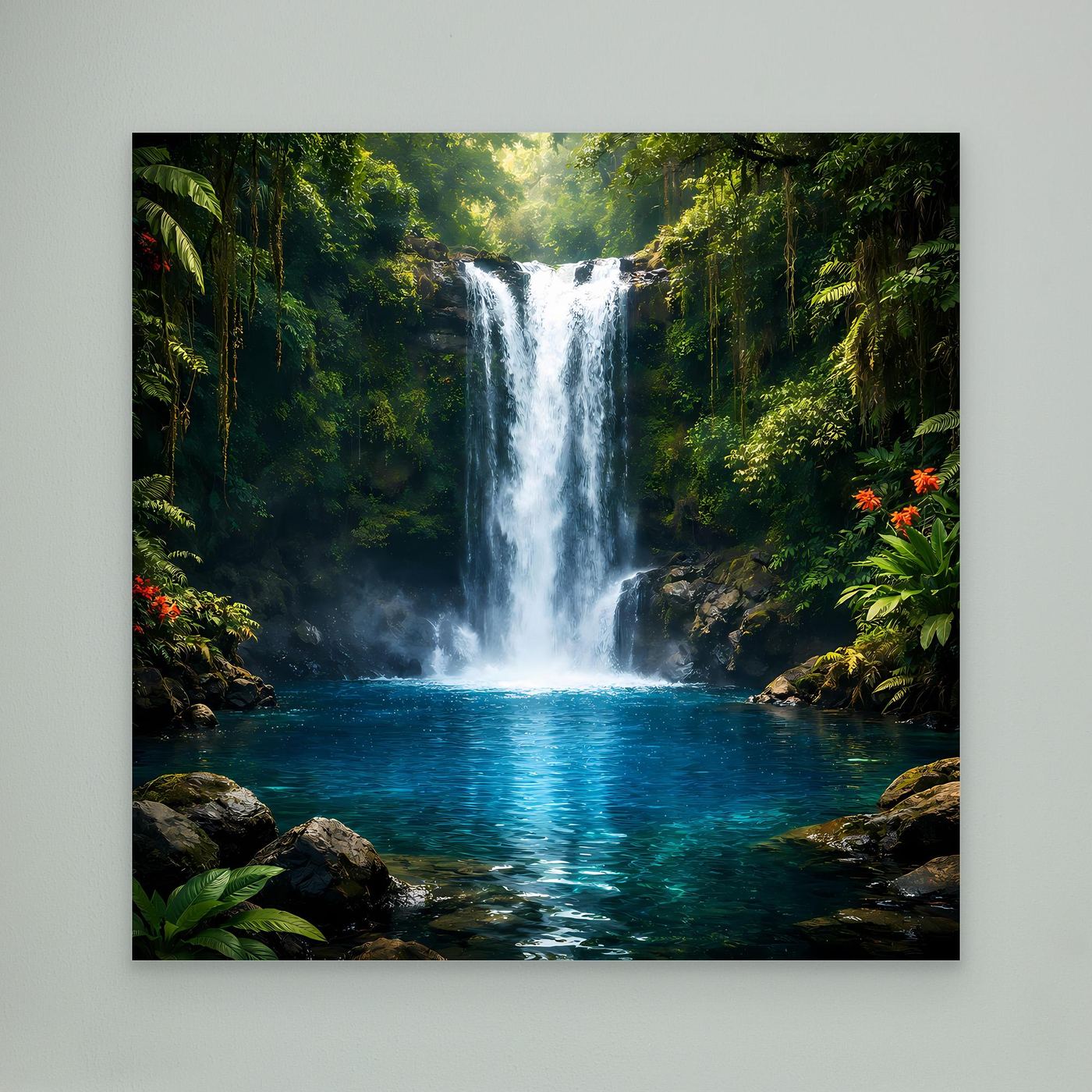 Leinwandbild mit Dschungel-Wasserfall und türkisblauem Becken, ohne sichtbaren Rahmen