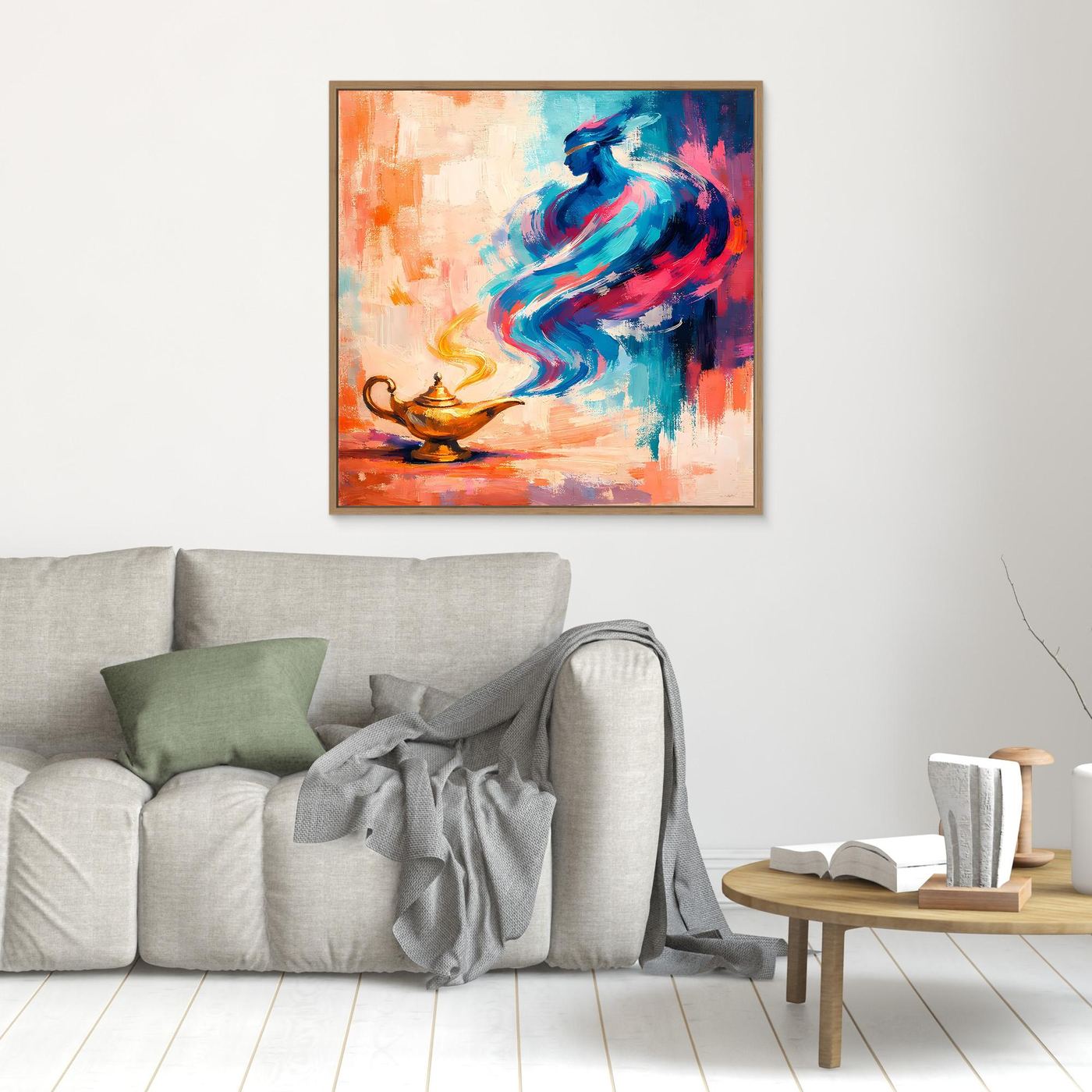 Wandbild mit abstraktem Flaschengeist, brauner Holzrahmen, blaue und orange Farbfelder