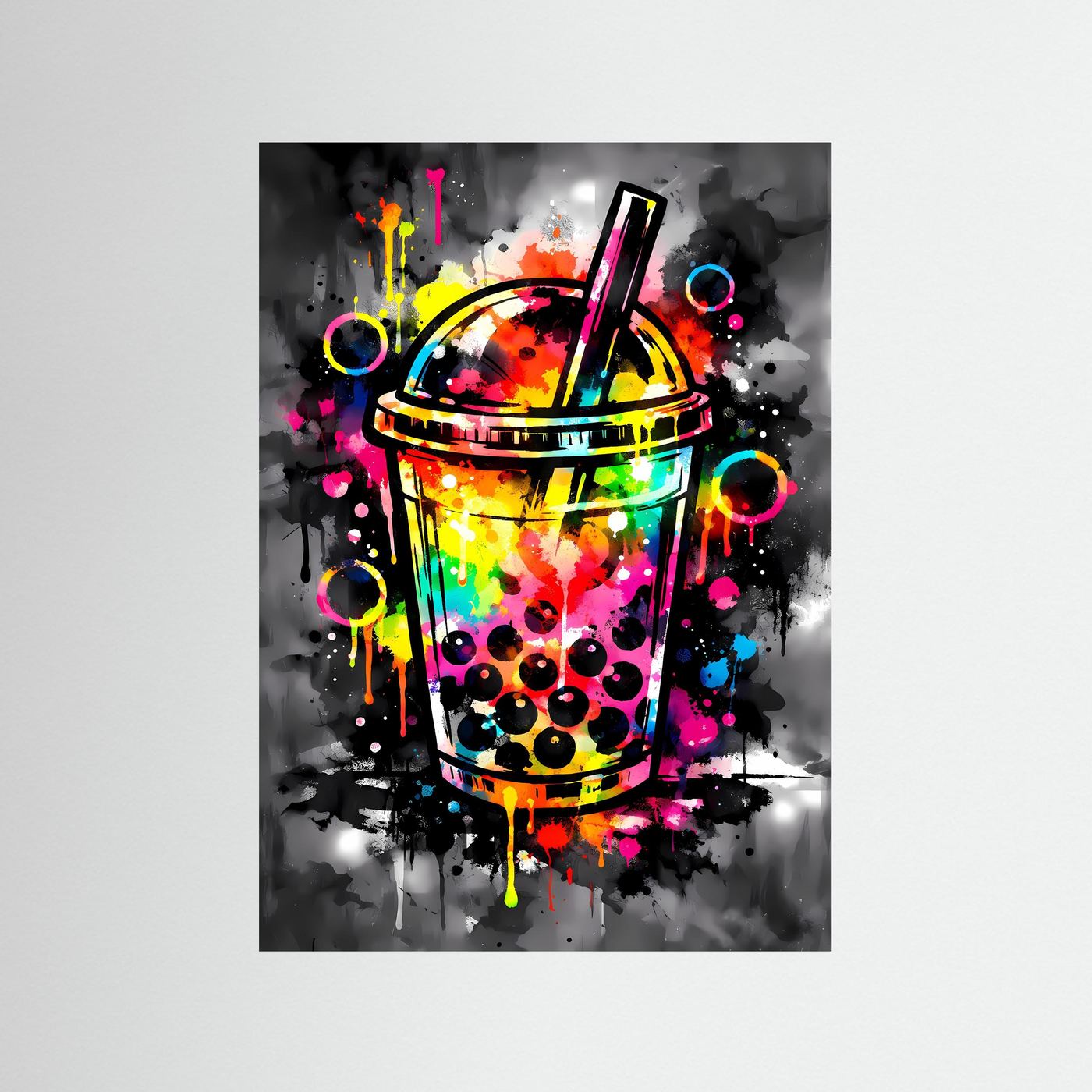 Die Kunst des Trends | Neon Bubble Tea Poster in Regenbogenfarben & Schwarz | Abstraktes Pop-Art Kunstposter Hochformat