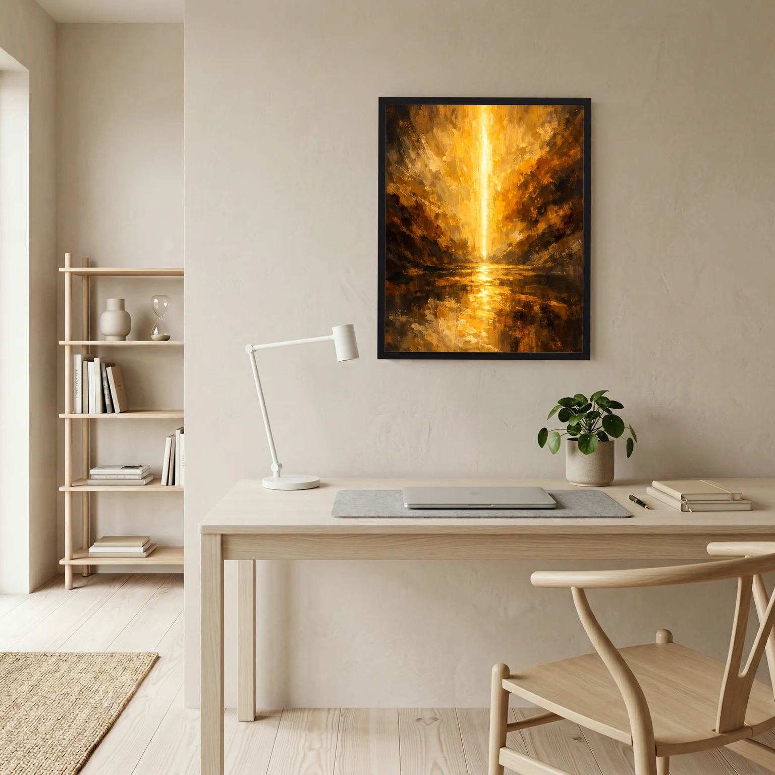 Quadratisches Wandbild im schwarzen Rahmen, goldener Lichtstrahl über dunklem Canyon