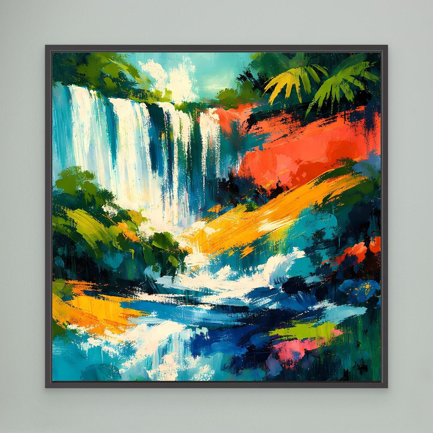 Quadratisches Leinwand-Wandbild mit abstraktem Wasserfall in Tropenfarben, schwarzer Rahmen