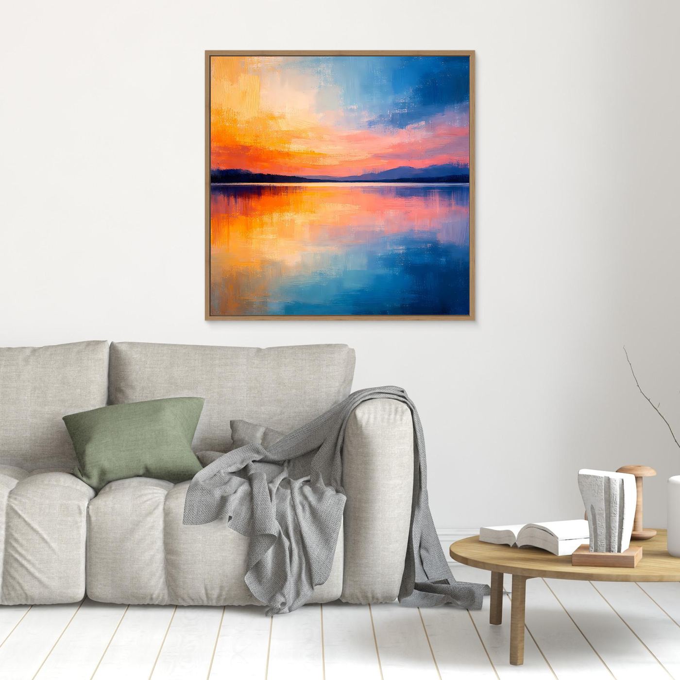 Abstraktes Wandbild: Spiegelung am See bei Sonnenuntergang, blau-orange Farbflächen