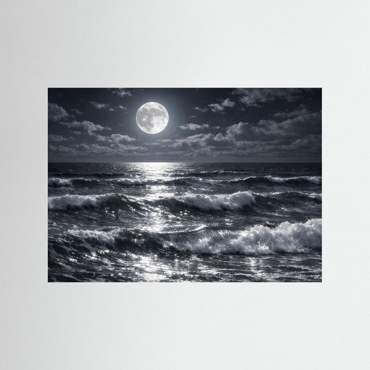 Poster Meereswellen bei Vollmond | Mystisches Nachtlandschaft Wandbild