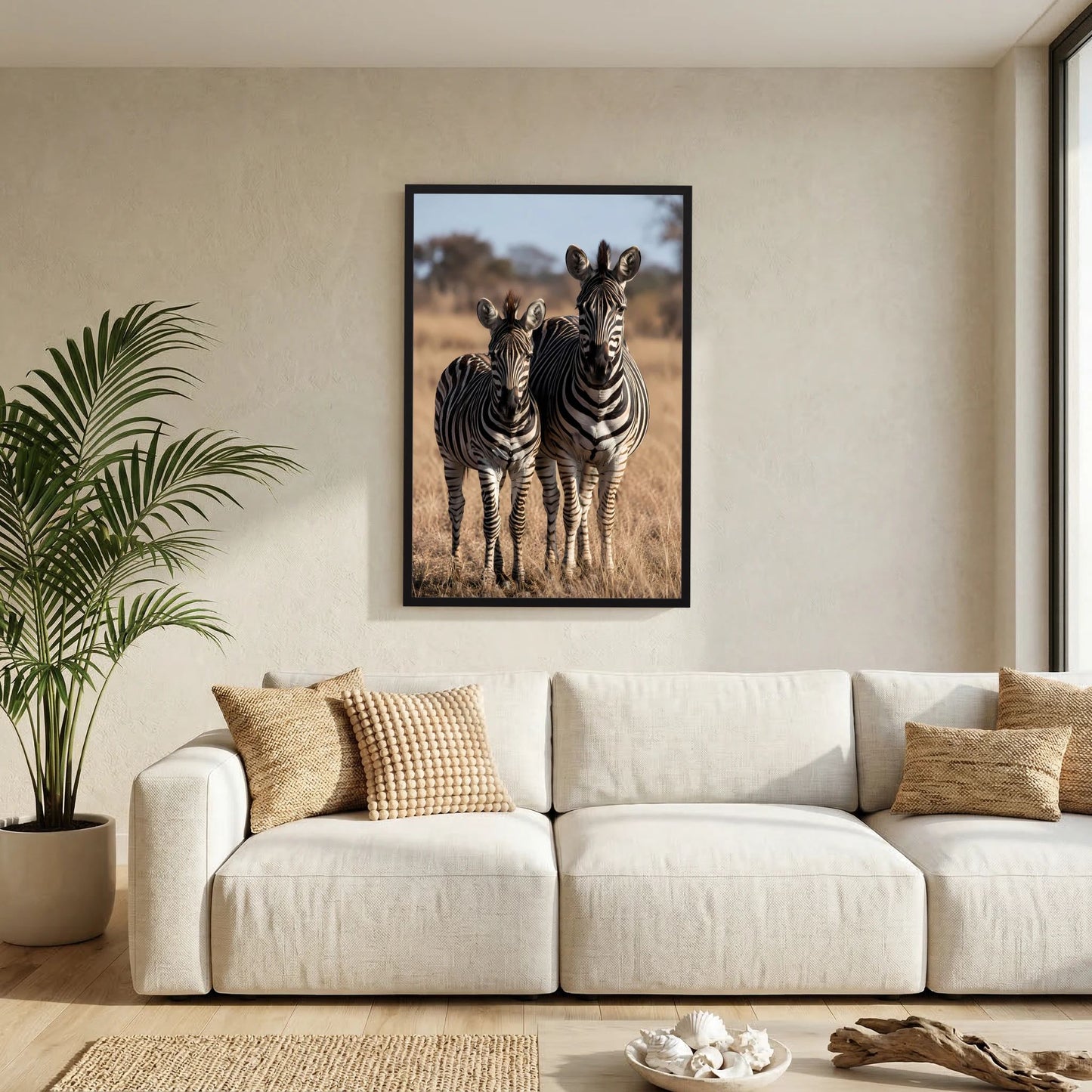 Poster mit Zebramutter und Jungem Zebra, im schwarzen Rahmen an der Wand
