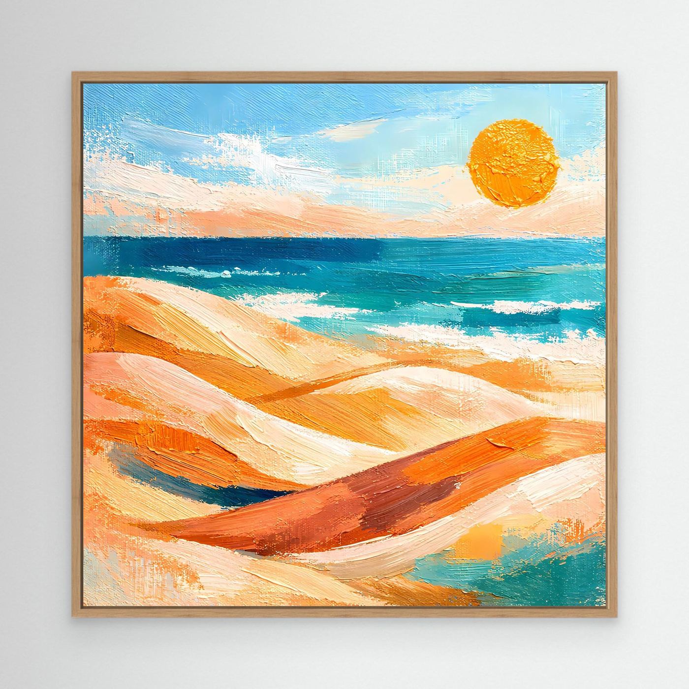 Leinwand-Wandbild mit abstraktem Strand und Meer, Sonnenmotiv, mit Holzrahmen