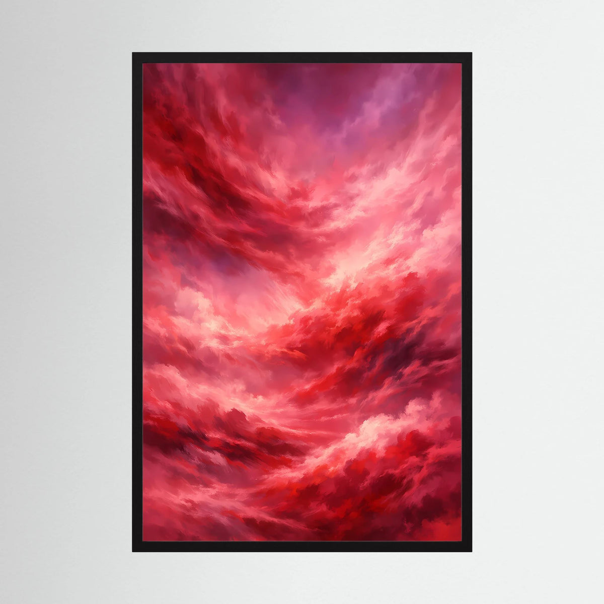 Hochformat-Poster mit rotem Wolkenhimmel, schwarzer Rahmen.