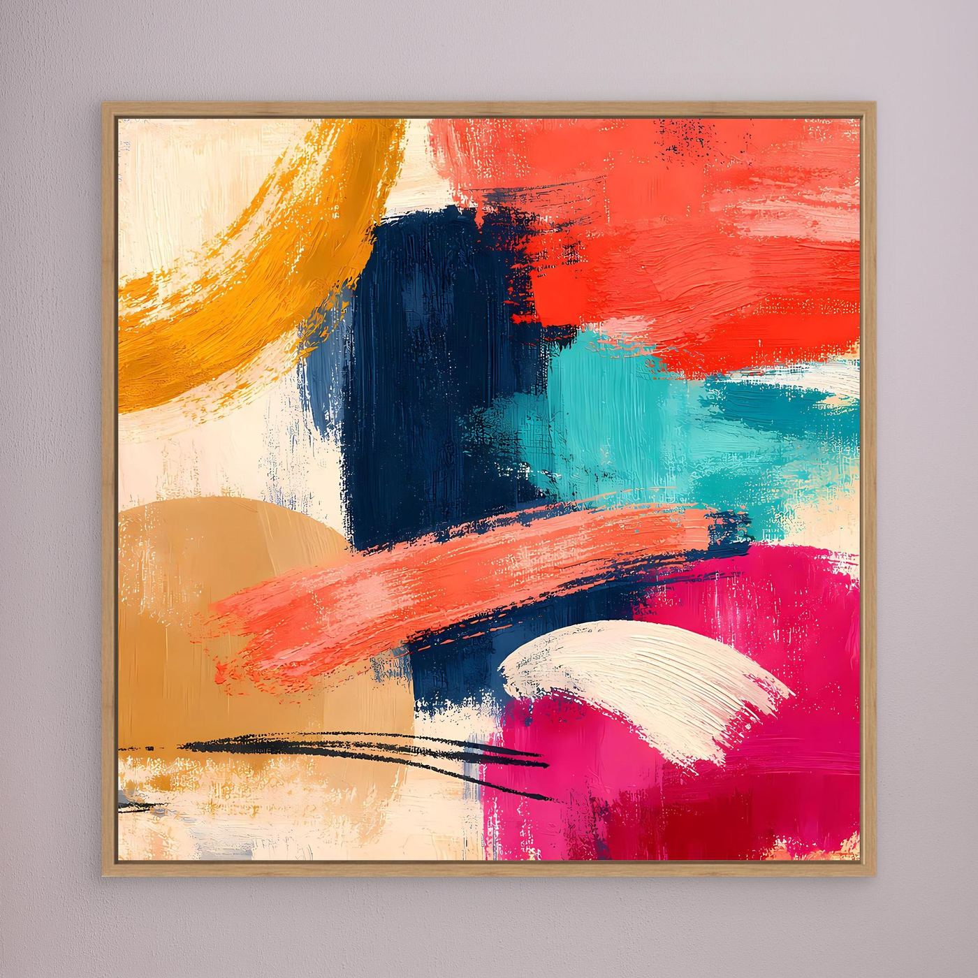Abstraktes Leinwand-Wandbild mit Pinselstrichen in Rot, Blau, Türkis, Rosa und Gelb, braun gerahmt