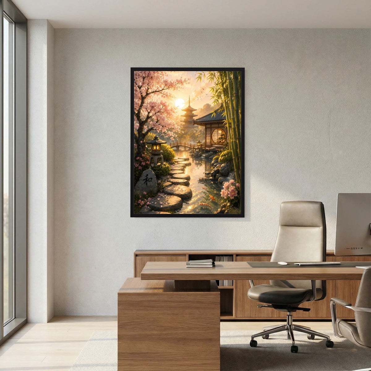 Hochformat-Poster Zen-Garten: Weg durch Bambus, Laternen und Kirschblüten im goldenen Licht