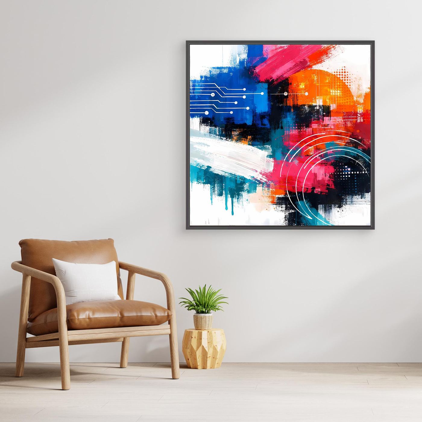 Abstract canvas wall art with blue, red, orange, and black geometric strokes in black frame