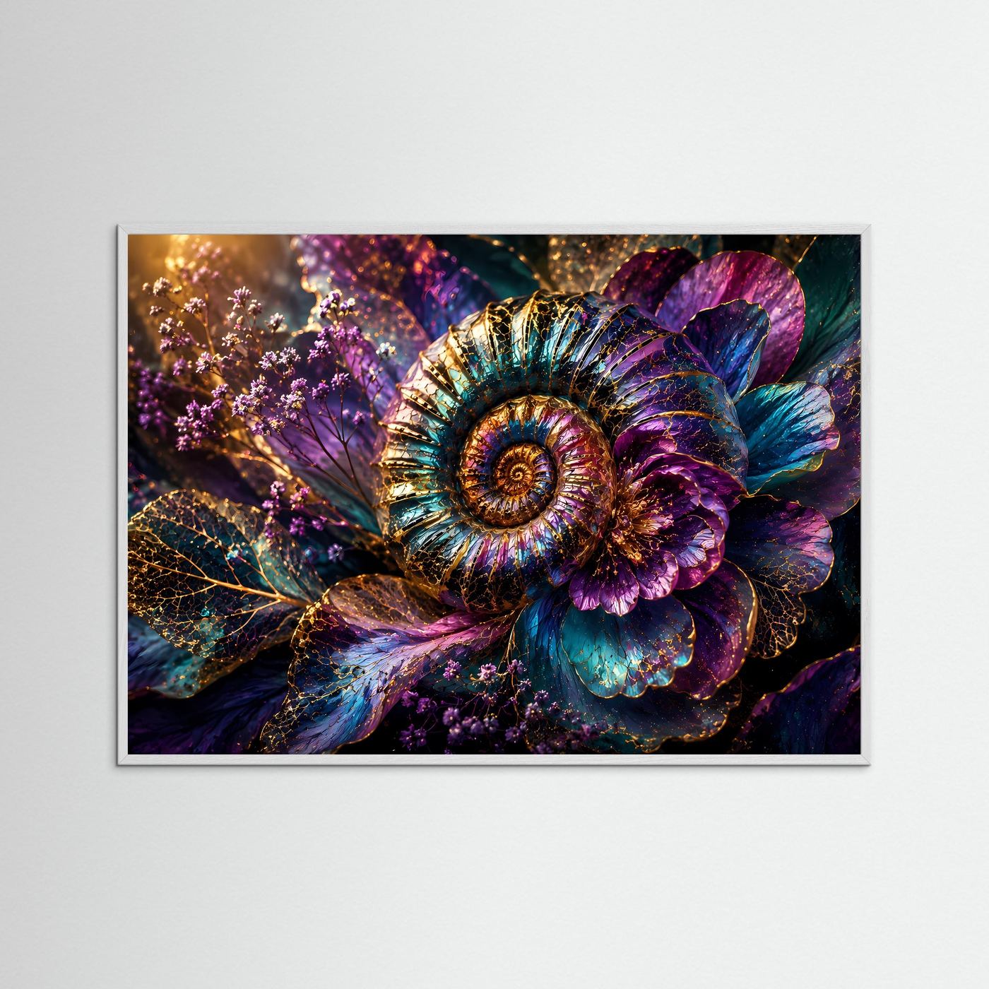 Ammonit Fossil mit Blüten | Luxuriöse botanische Wandkunst in Blau, Violett & Gold