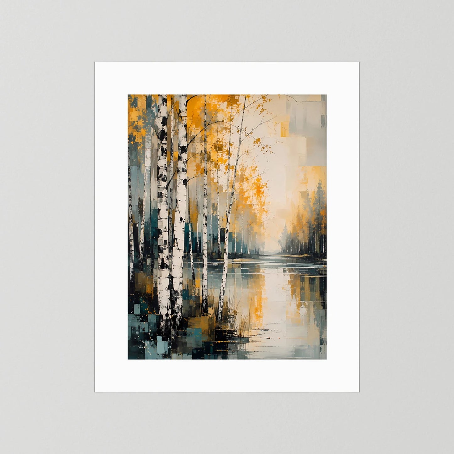 Abstraktes Herbstlandschaft-Poster Gold und Petrol, mit weißem Rand