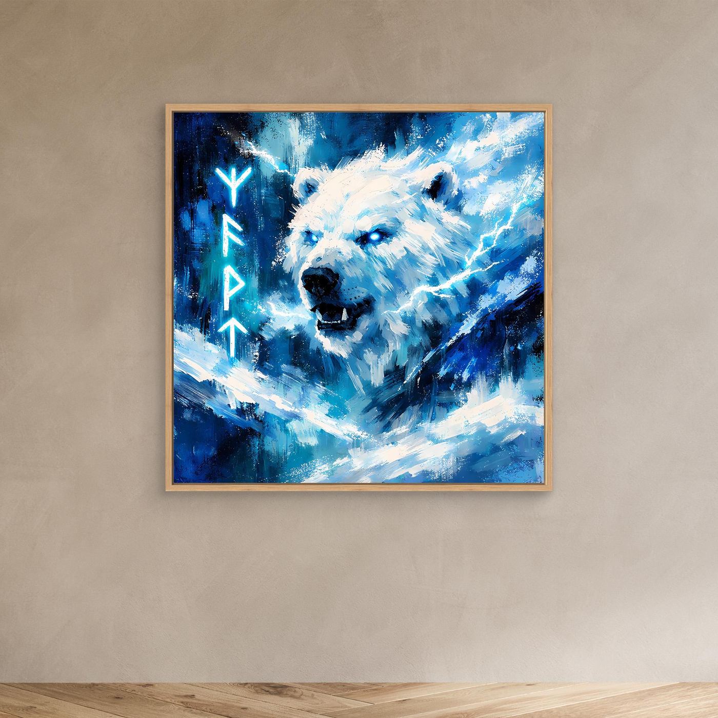 Leinwand-Wandbild: Eisbär in Blau mit Runen und Nordlicht; Holzrahmen