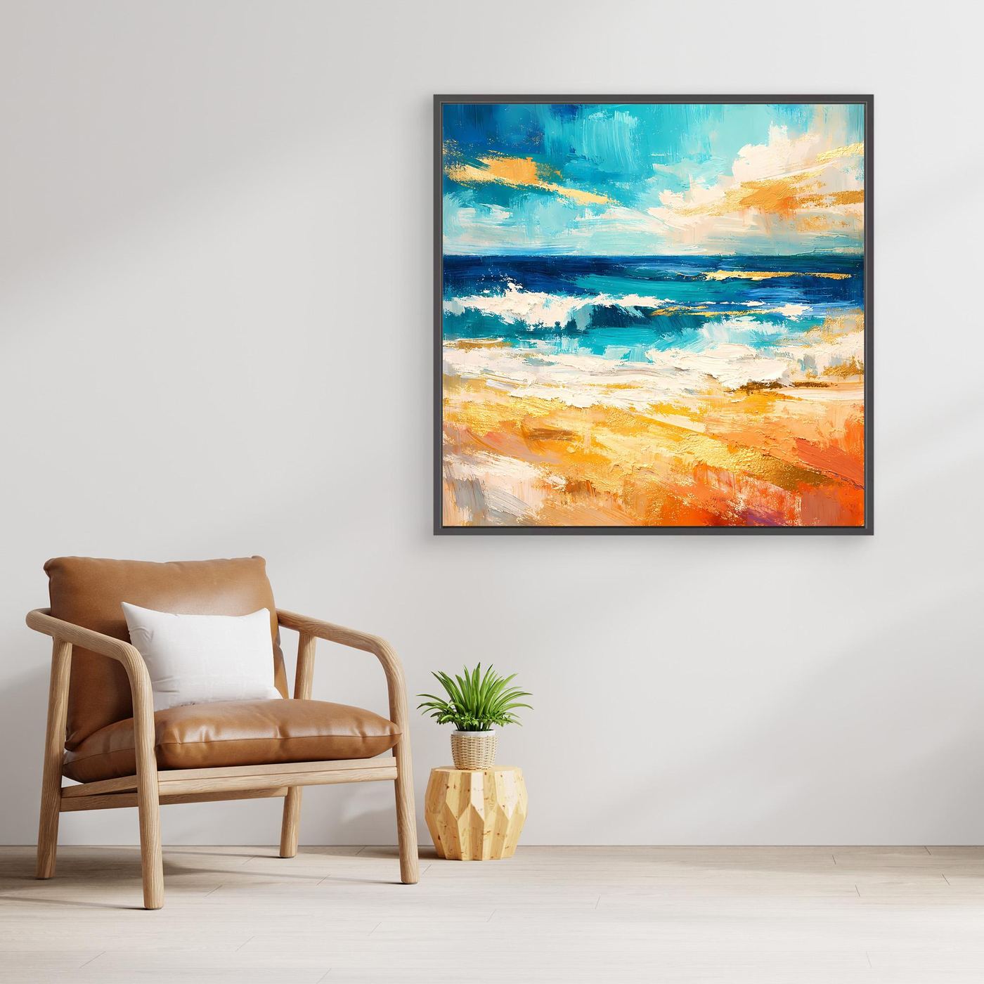 Quadratisches Leinwandbild mit abstraktem Meer- und Strandmotiv, Türkis/Blau/Orange, schwarzer Rahmen