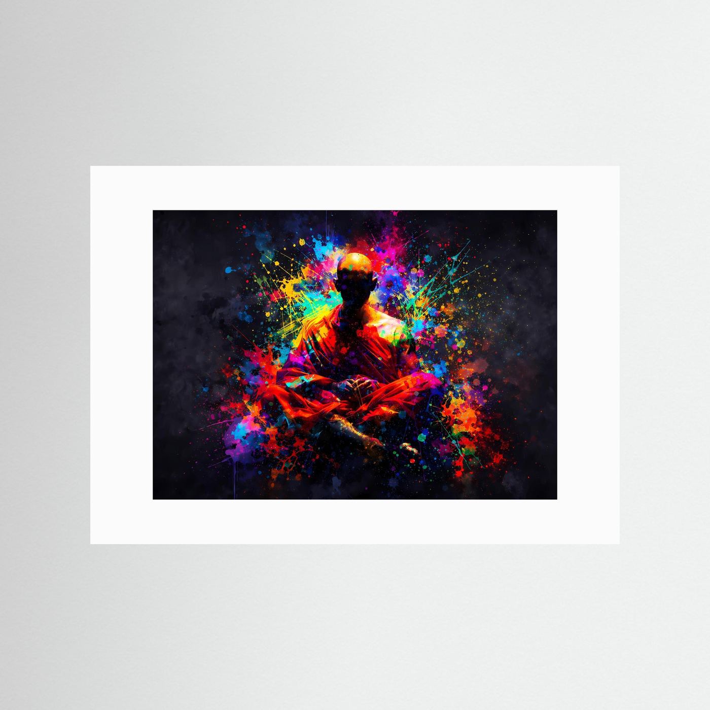 Kunstposter mit meditierendem Buddha im Farb-Sprühfeuerwerk, weiß eingefasst