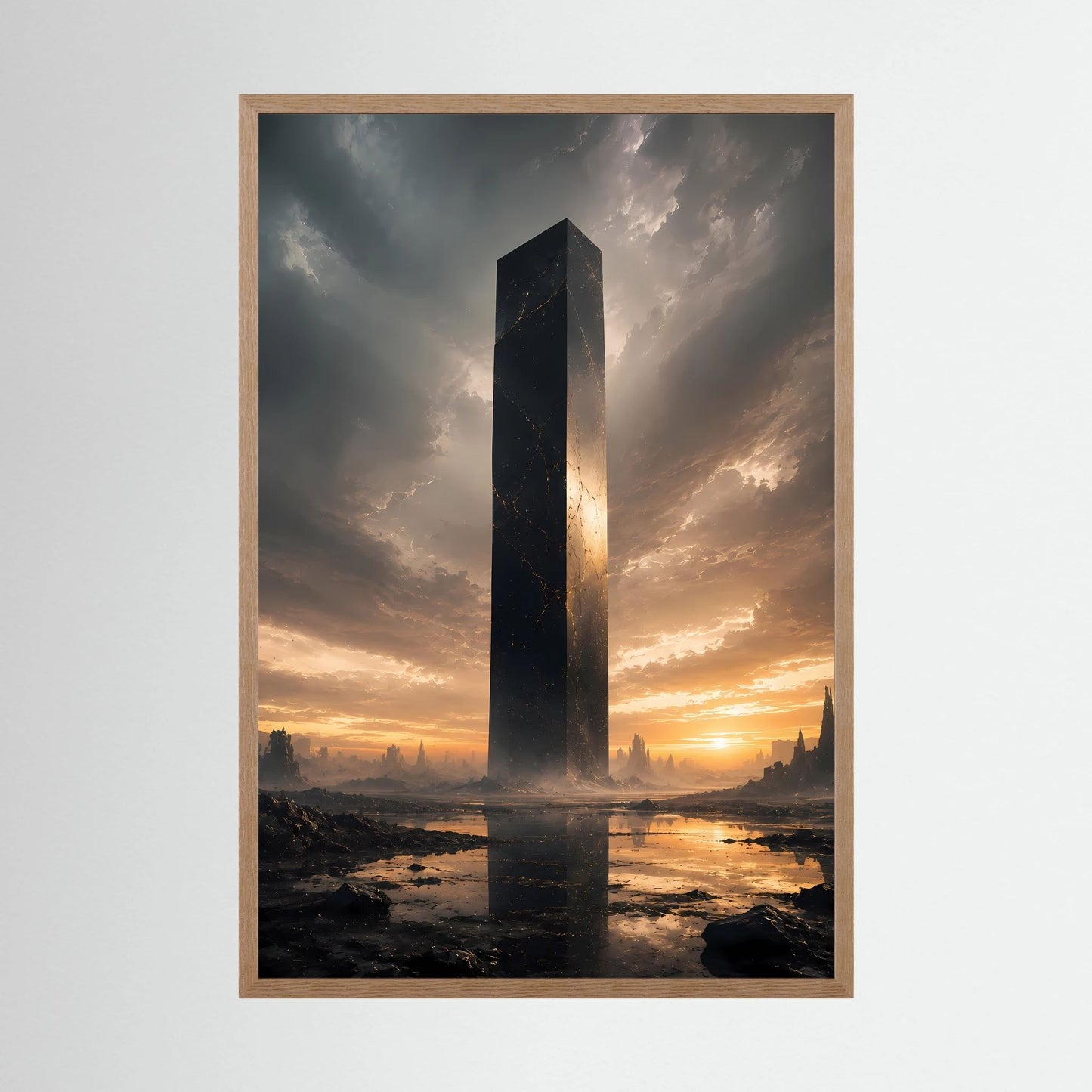 Poster im Hochformat mit schwarzem Monolithen, im Rahmen aus hellem Eichenholz