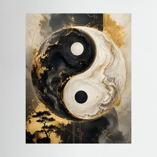 Yin-Yang-Wandposter im Hochformat, Schwarz-Weiß mit Goldakzenten und Landschaftsmotiv.