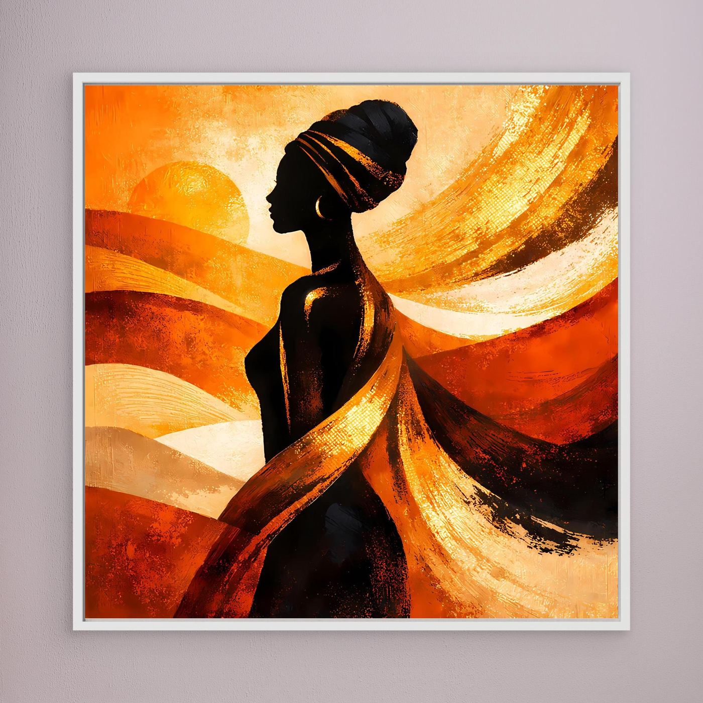 Gerahmtes Leinwandbild mit Silhouette afrikanischer Frau, abstraktes Orange-Gold, hellgrauer Rahmen.