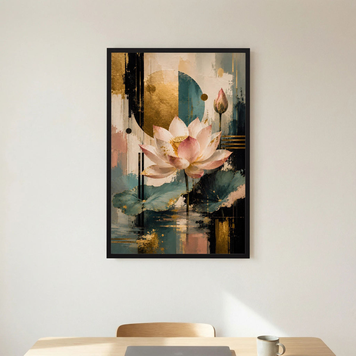 Gerahmtes Lotusblüten-Poster in Rosa und Creme mit Türkis-Elementen und goldenen Akzenten.