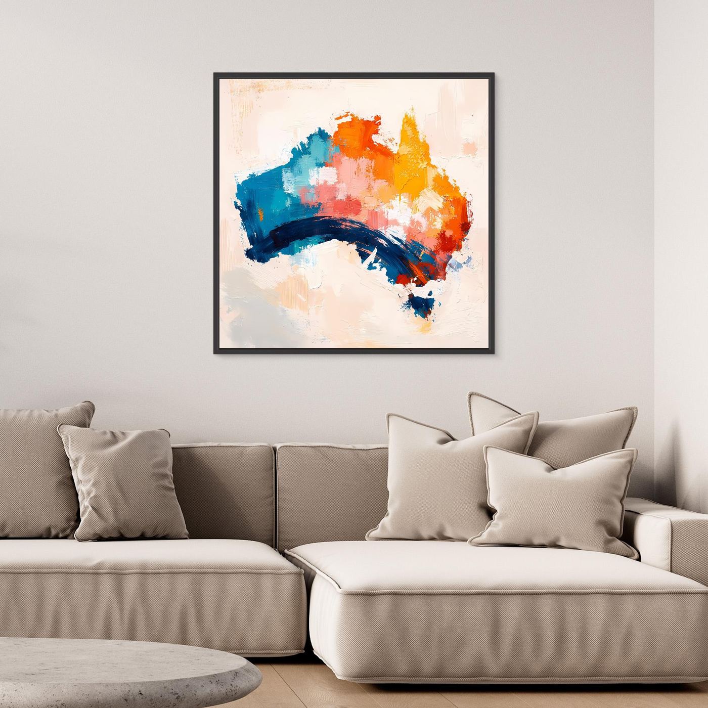 Abstract Australia wall canvas with black frame and blue, orange, yellow brushstrokes