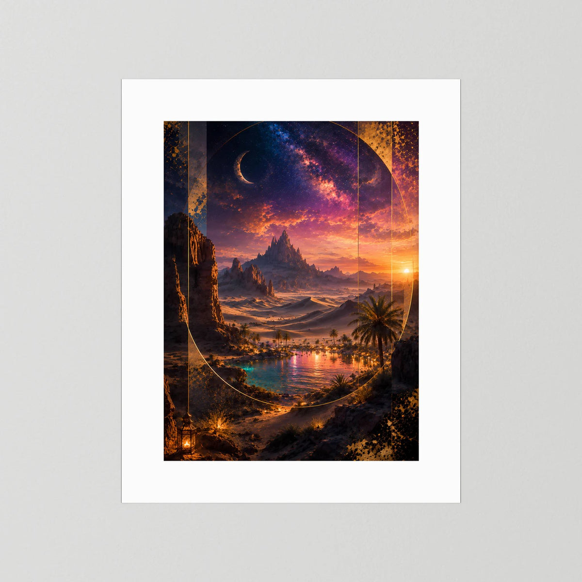 Hochformat-Poster mit weißem Rand: Wüstenoase im Sternenhimmel mit Sonnenuntergang.