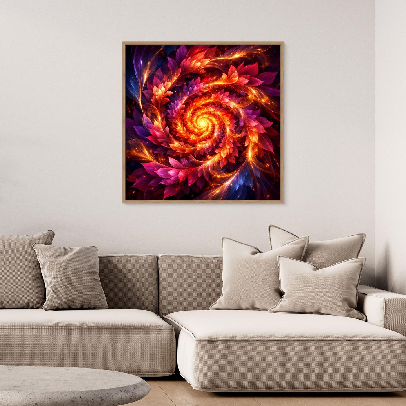 Abstraktes Leinwandbild mit feuriger Spirale, brauner Rahmen