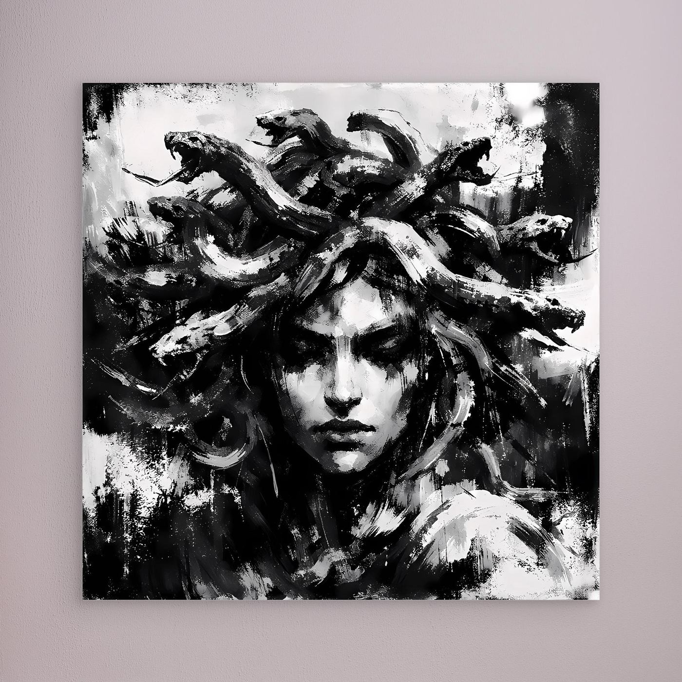 Unframed black-and-white abstract Medusa wall art with brush-stroke face